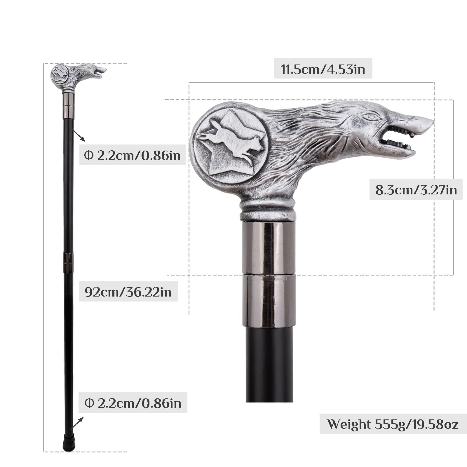 Bastone da Passeggio Decorativo Alla Moda con Impugnatura a Testa di Lupo | Pieghevole, impugnatura confortevole, impugnatura ergonomica, durevole, leggero, puntale in gomma antiscivolo, argento