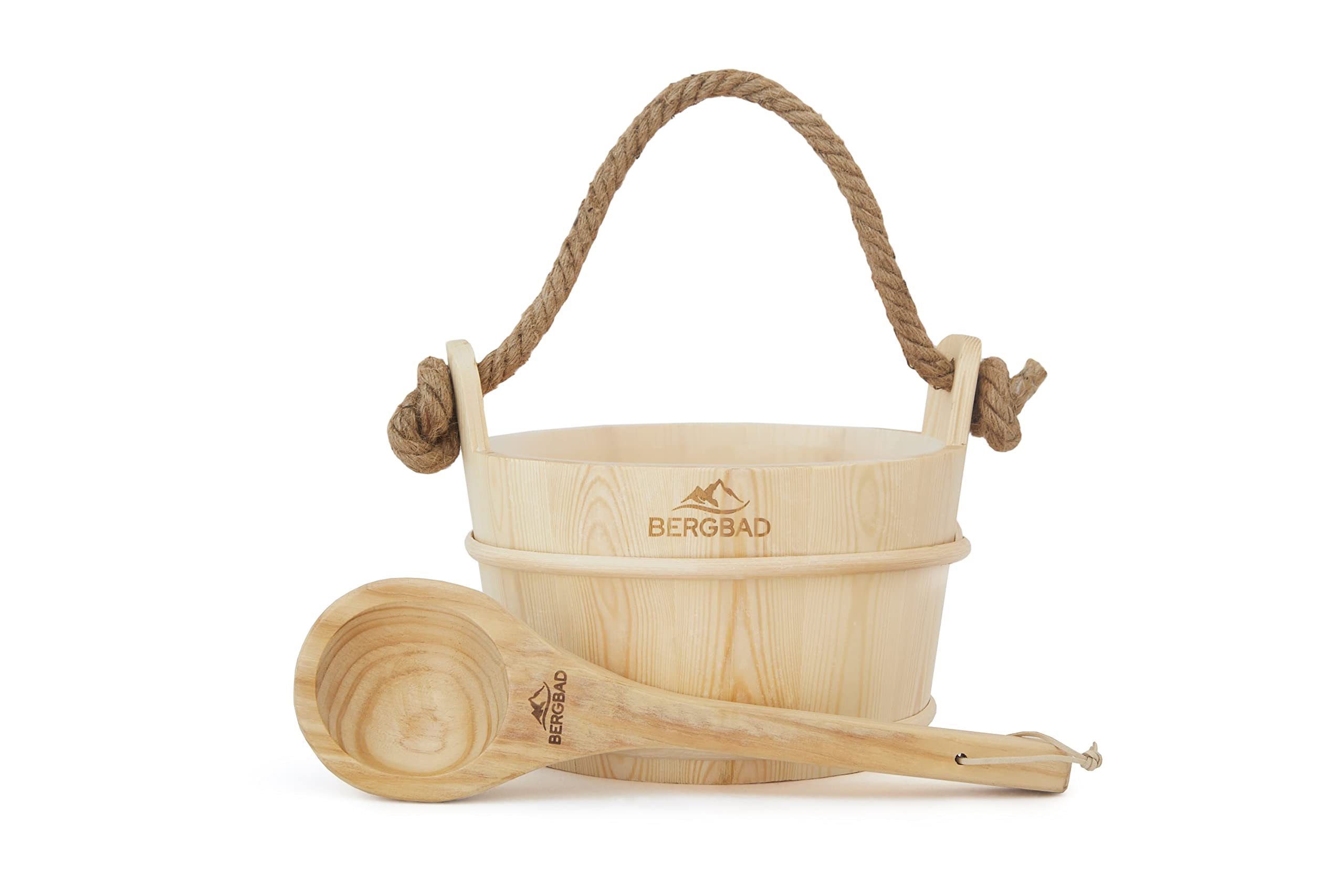 Seau de sauna avec louche de 3,5 l - Seau de sauna en bois naturel - Accessoire de sauna de qualité supérieure avec insert en plastique et corde de chanvre