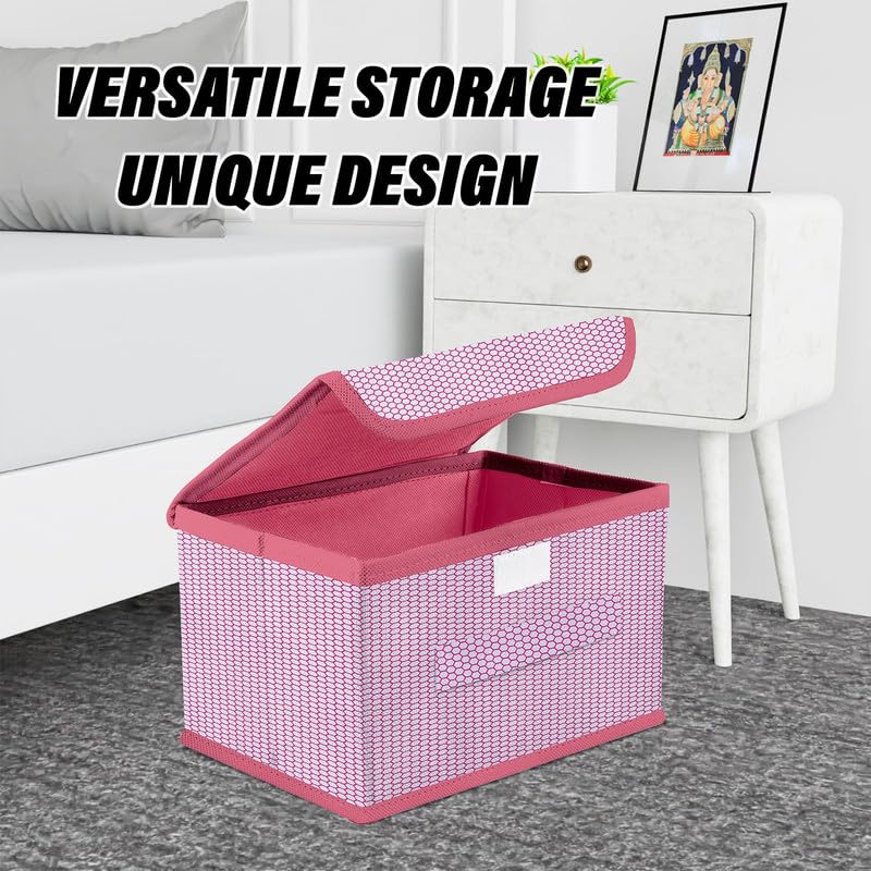 Image of Non Woven Multipurpose Zig Zag Storage Box /Bin With Lid & Side Handle Wardrobe Closet Organizer For Clothes, Toys, Books (Pink, Pack of 2)