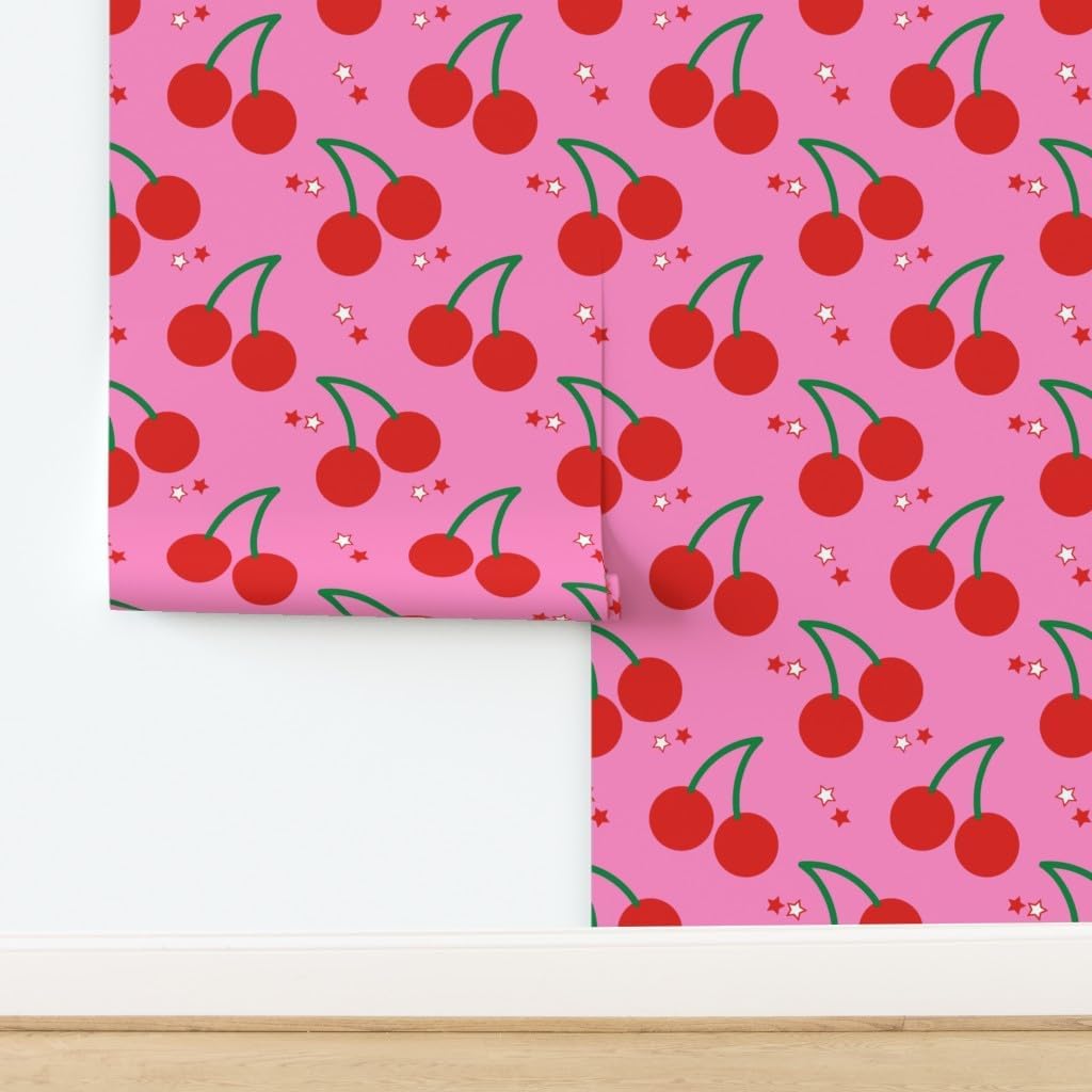 Removable Wallpaper 3ft x 2ft - Cherry Pink Stars Fruit Kitchen White Green Rockabilly Food Chef Custom Pre-Pasted Wallpaper by Spoonflower