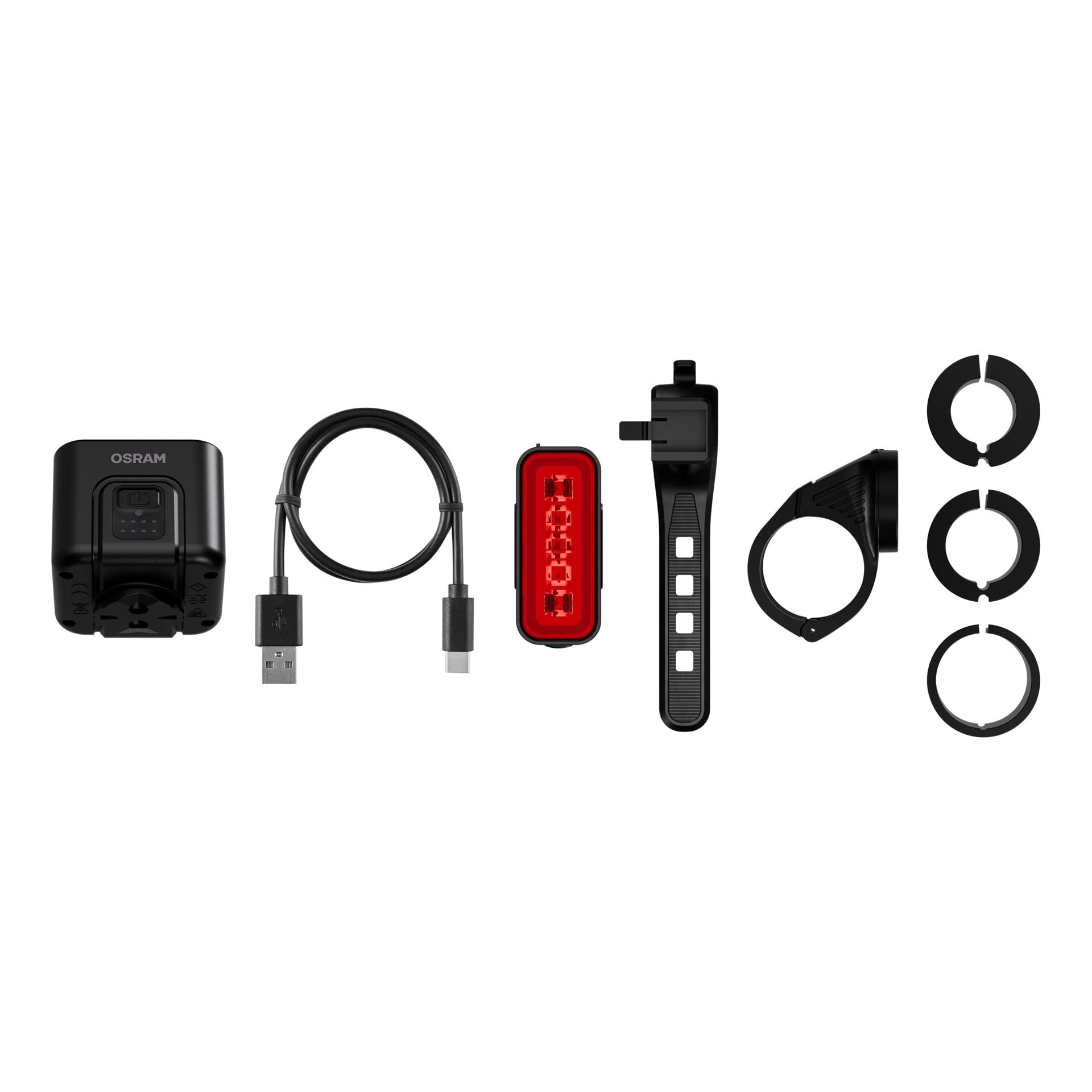 OSRAM LEDsBIKE COMPACT 100 SET, set di luci per bicicletta ricaricabili - anteriore e posteriore, con luce di stop, omologato StVZO, compatibile con supporto Garmin, tre livelli di luminosità, 100 lux