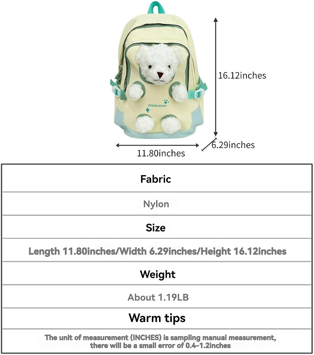 Cute Detachable 3D-Bear Kawaii Plush Backpack–Large Capacity & Lightweight for Adults Ita Bag (Black)