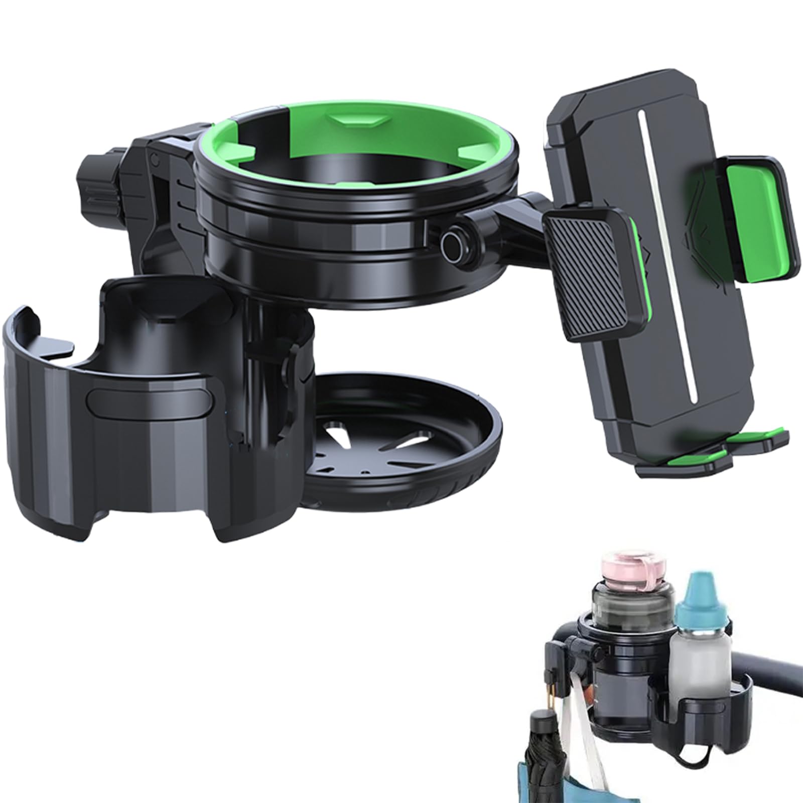 4-in-1 Universal Cup Holder for Stroller Bicycle, Wheelchair & Shopping Cart, Green
