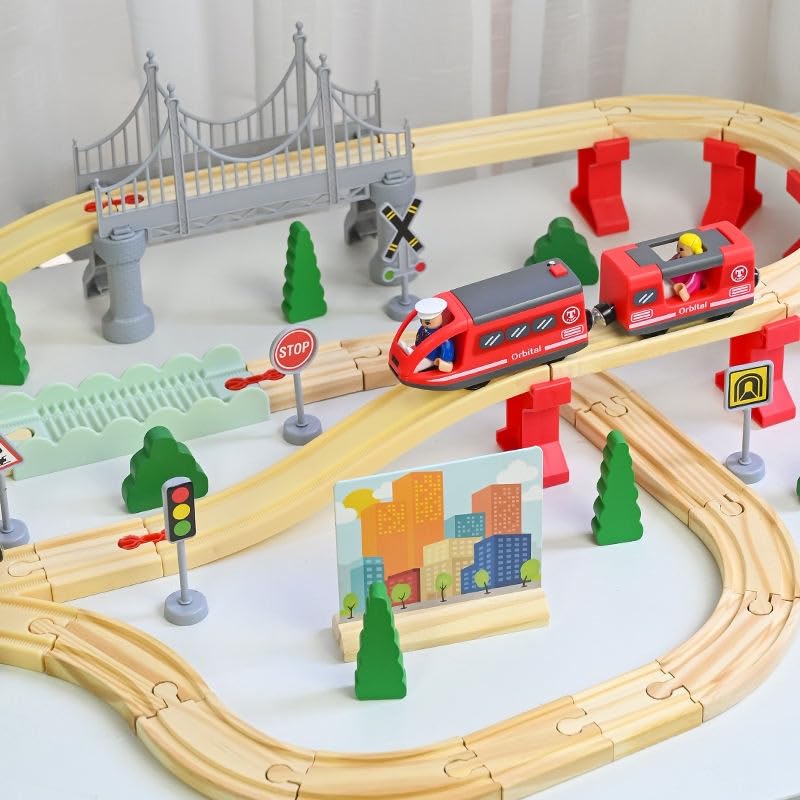 Image of Wooden Train Track Set for Kids Age 3+ | 72-Pc Railway Track Toy with Battery Operated Engine Wooden Trains, Multi-Level Bridge & Construction Accessories Universal Fit | Gift for Boys & Girls