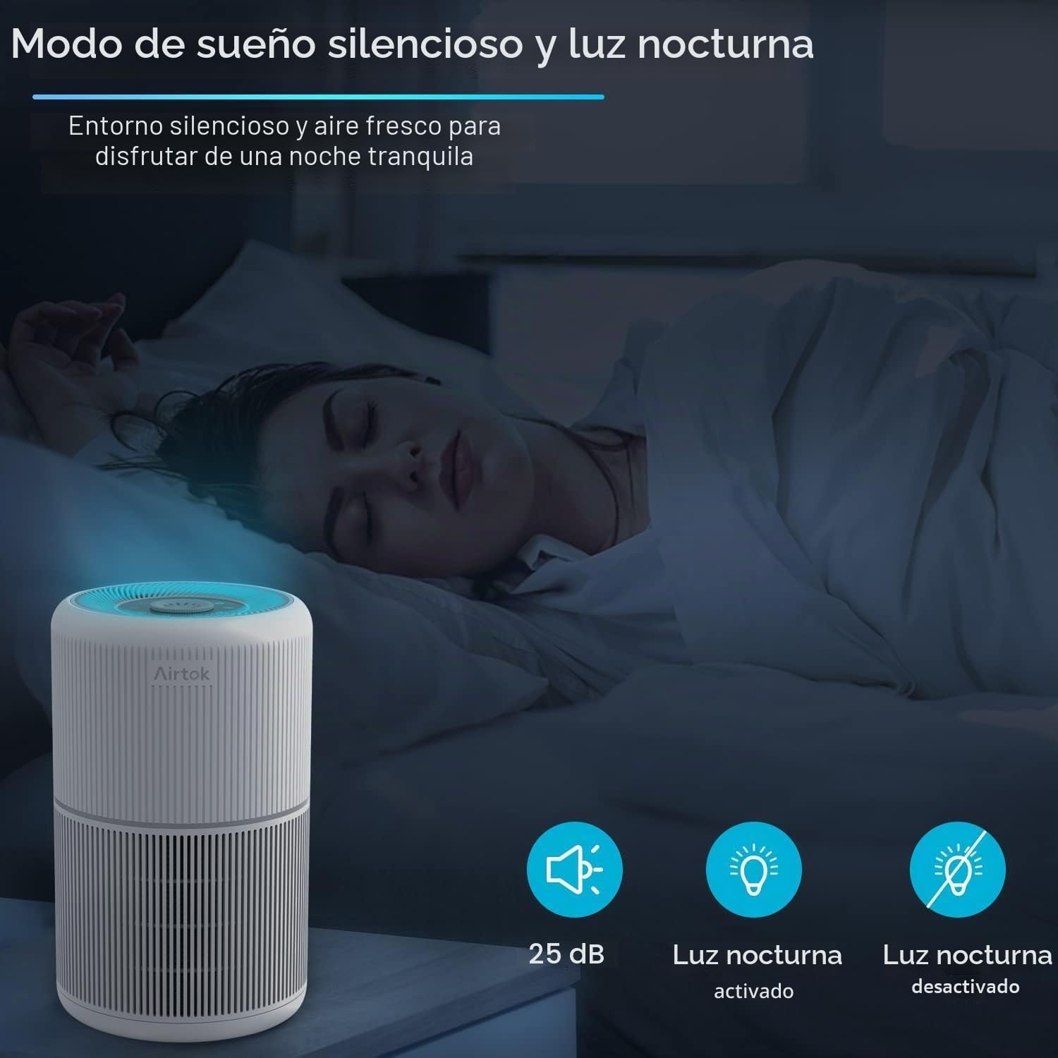 AIRTOK Purificador de Aire, Purificador de Aire Con Esponja de Fragancia, Filtro HEPA Para Alergias, Humo, Caspa De Mascotas y Olores, con Luz nocturna, temporizador, bloqueo para niños, 25dB