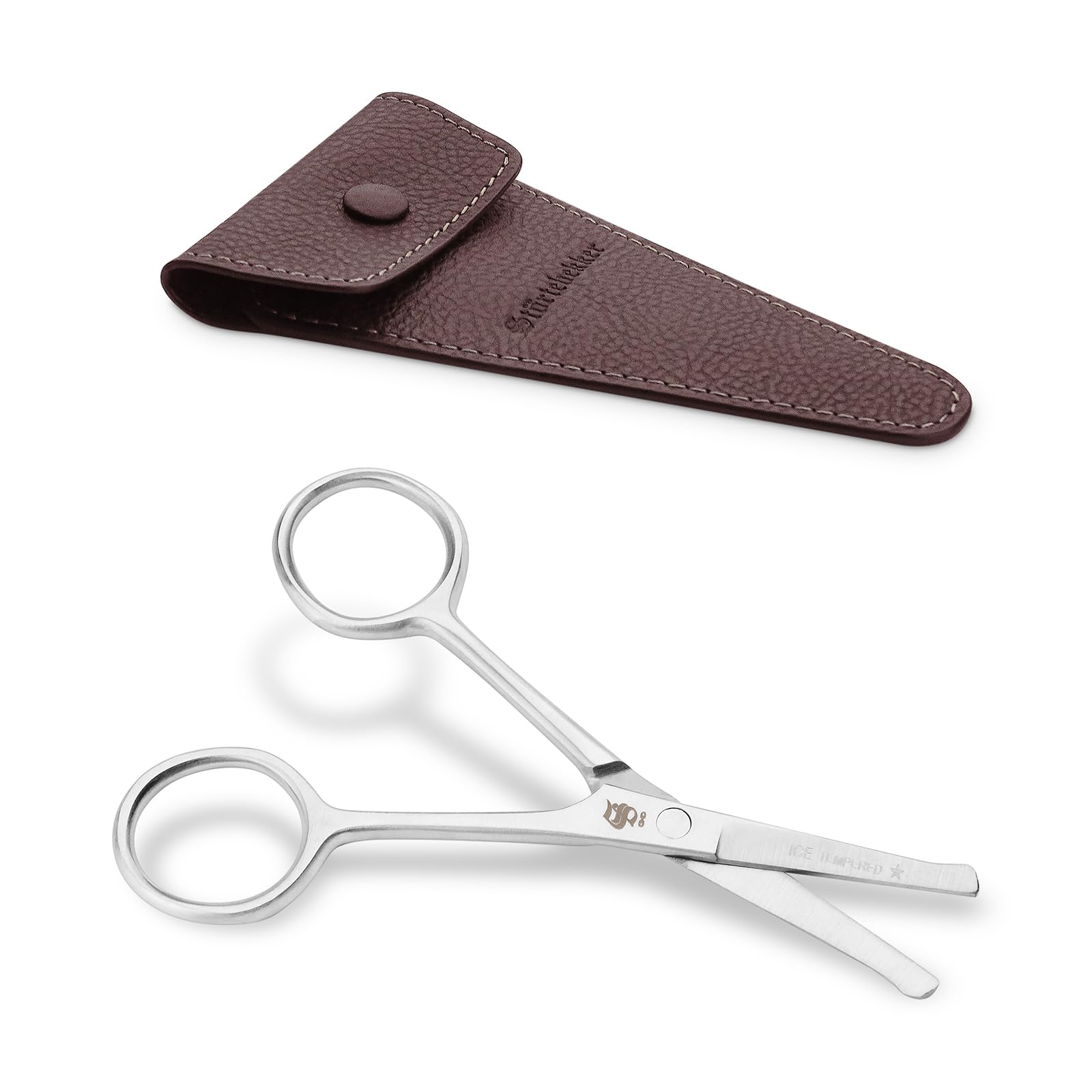 Störtebekker® Premium Beard Scissors - Forbici per barba in acciaio inossidabile - Regolabarba da uomo - Regolabarba da naso - Idea regalo - inclusa custodia in vera pelle (Caffè, Breve (11 cm))