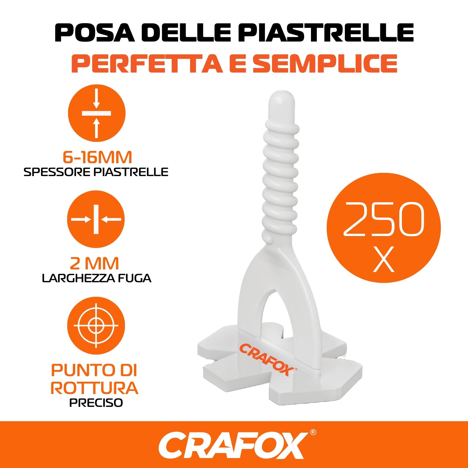 CRAFOX® Accessori Distanziatori per Piastrelle | 250x Distanziatori Clips 2mm | Set di Livellamento Piastrelle | Livellatore Pavimento | Livellatori per Piastrelle | Per una Posa Perfetta e Precisa