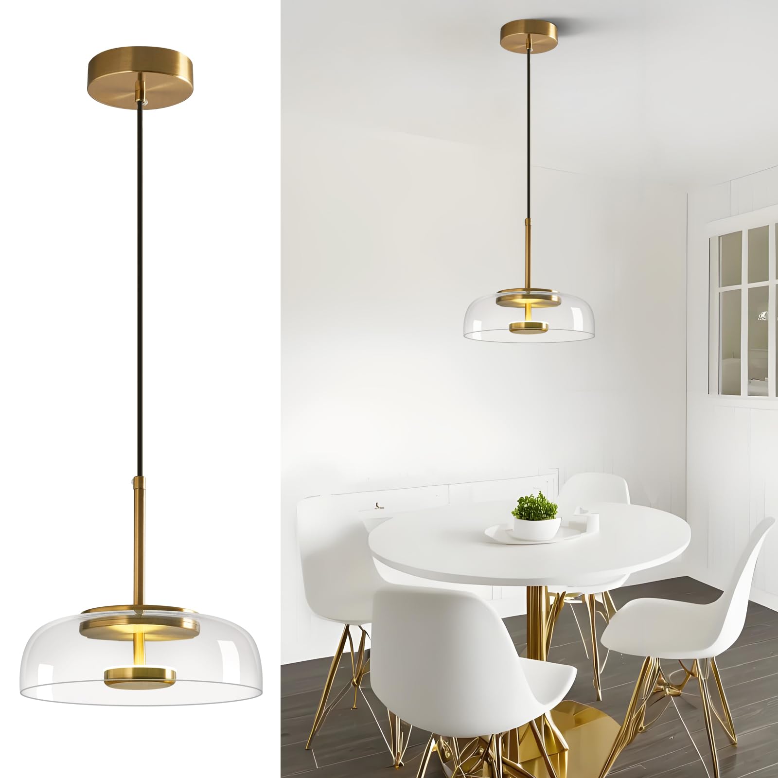 Clear Glass Pendant Lights Kitchen Island Modern 6000K LED Pendant Light Fixtures Gold Finish Ceiling Hanging Lights for Bedroom Dining Room (8.85 in, 1 Pack)