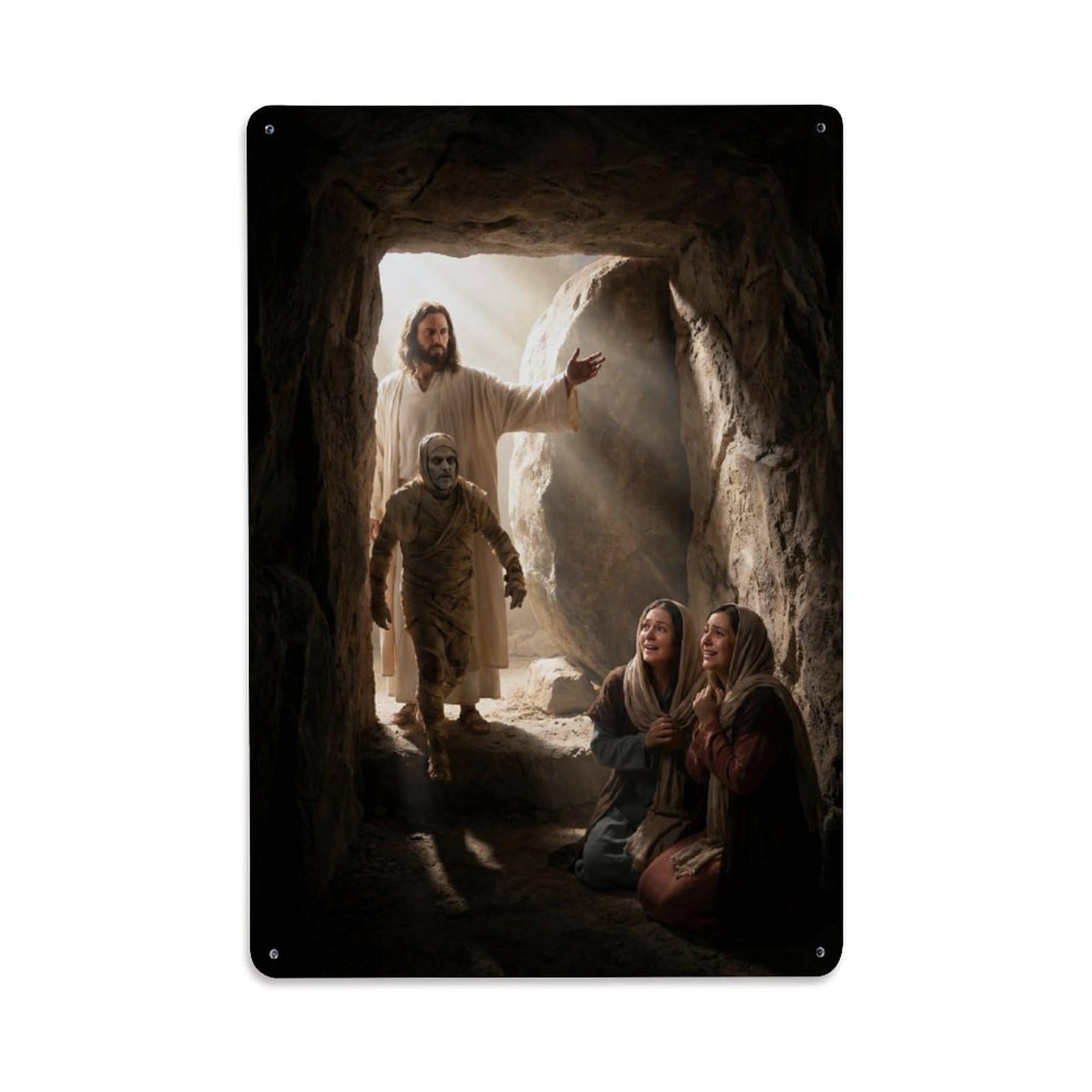 Jesus Lazarus Resurrection Bible Tomb Miracle Gospel Metal Tin Sign Plaque Wall Decor for Cafe, Man Cave, Club Bar, Office, Home Garden Round Metal Poster 8x12Inch