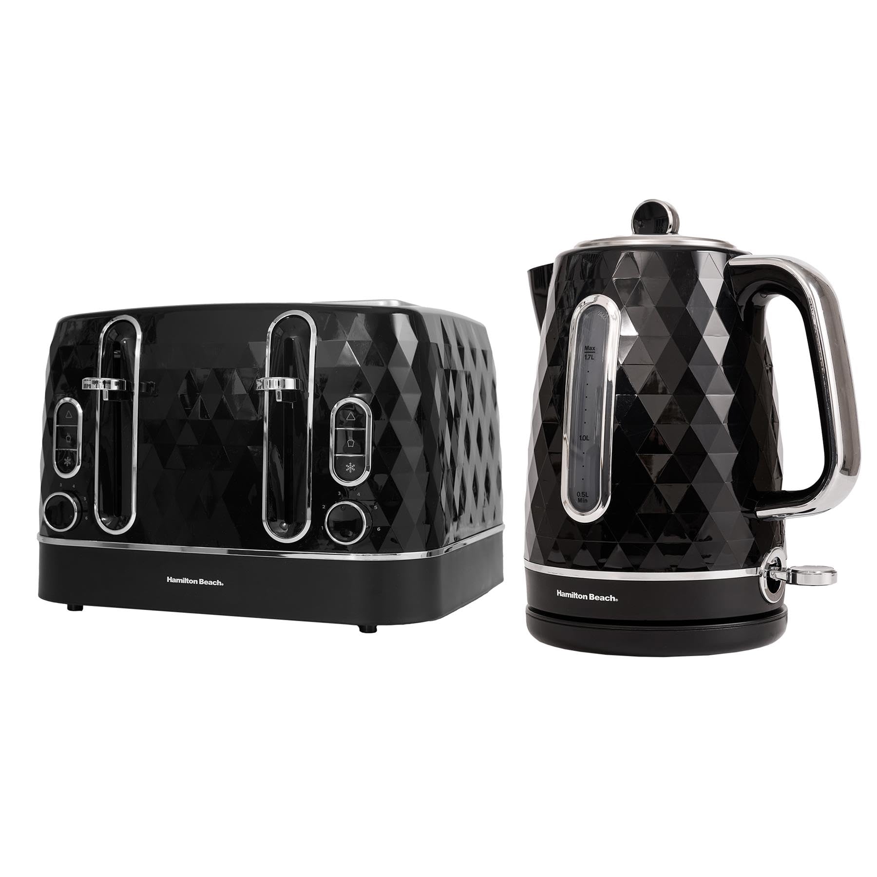 Hamilton Beach Kettle and Toaster Set, Electric Kettle, 1.7L, Toaster 4 Slice, Diamond Textured, Boil Dry Protection, Space Saving, 7 Browning Levels, Defrost, Reheat & Cancel, Black - HB83593221BST