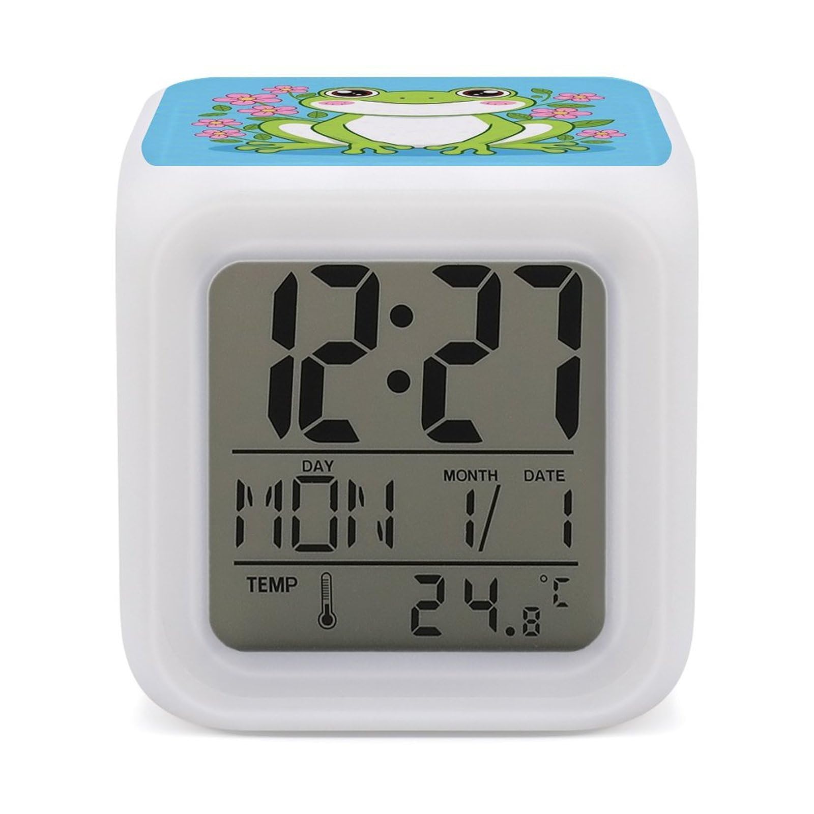 VstaDank Frog Alarm Clock with Date Temperature Large LED Display Number Clocks with 7 Colors Changing Desk Clock Battery Operated Digital Clocks with Date for Heavy Sleepers