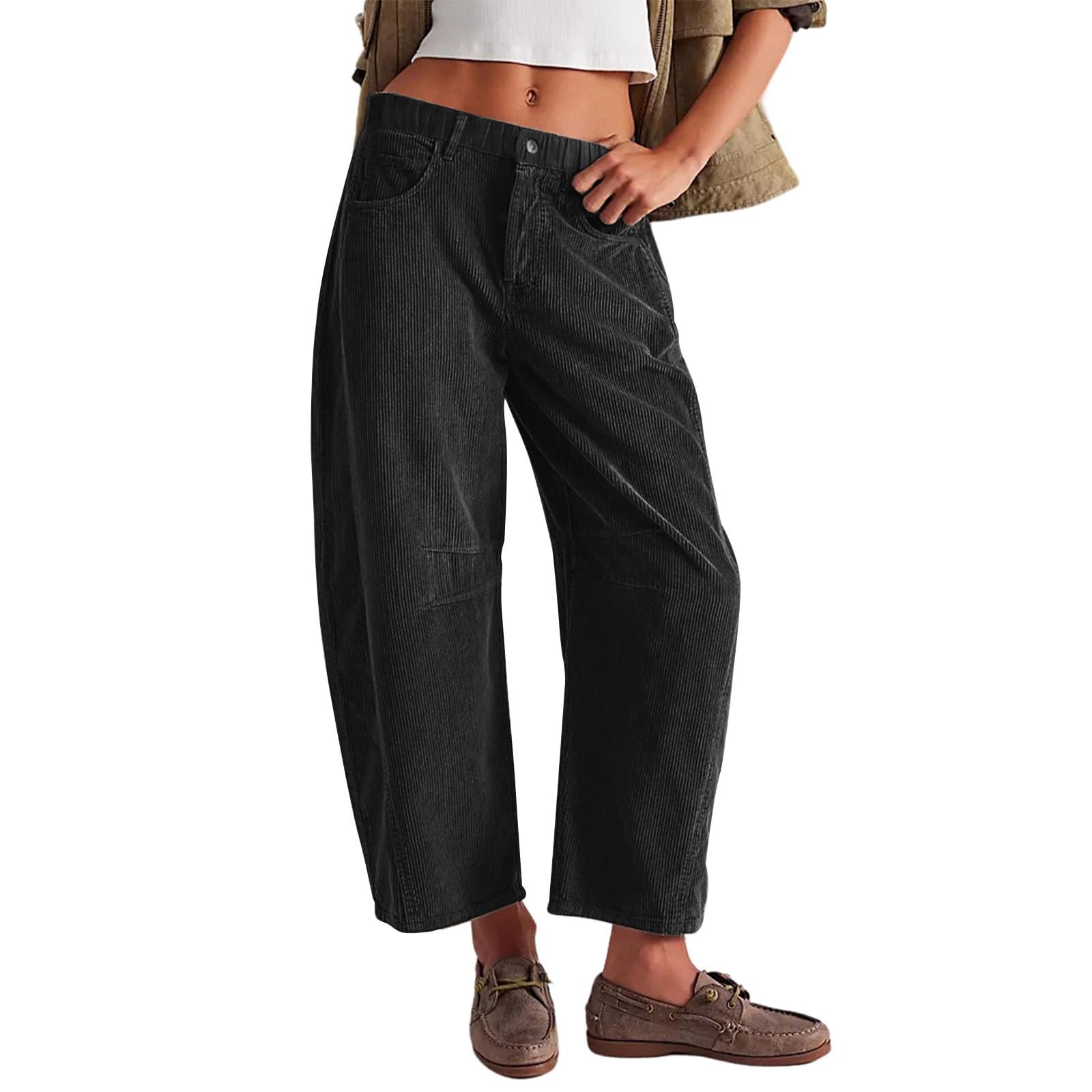 Womens Corduroy Pants Low Rise Button Wide Leg Cropped Pants Baggy Elastic Work Casual Y2K Barrel Pants with