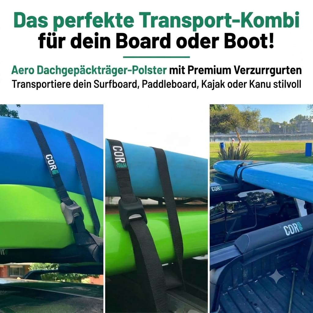 Aero-Dachgepäckträgerpolster und hochwertige, Kratzfeste Spanngurte mit Schnallen aus Silikon für Surfbretter, SUP-Boards, Kajaks und Kanus (Schwarz, 71CM Breit Pad & 3M Straps) von COR Surf
