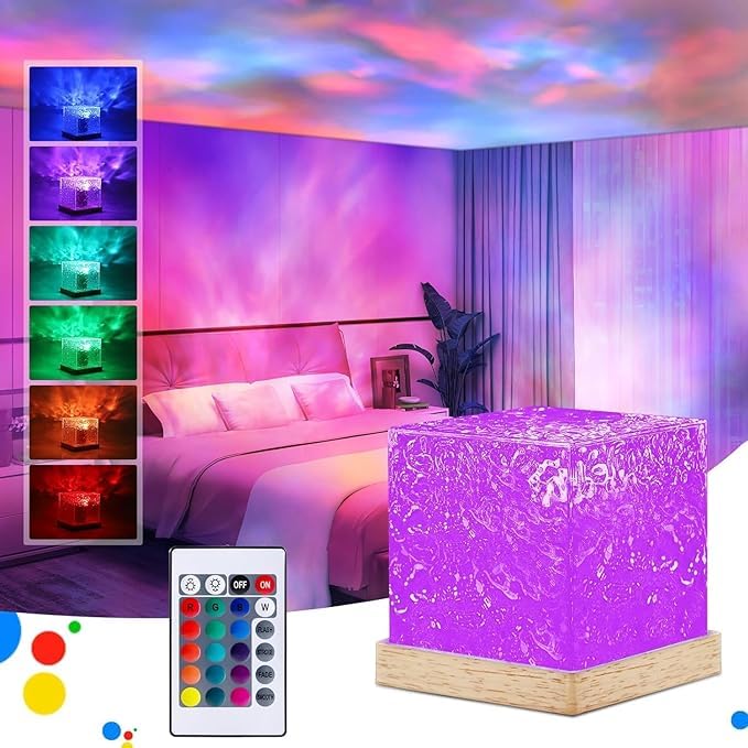Ocean Wave Projector Lamp 3D Water Wave Effect Romantic LED Night Light Remote Control USB Rechargeable Crystal Table Lamp for Home Decor, Bedroom & Gift, Multicolor Light (Cube Shape)