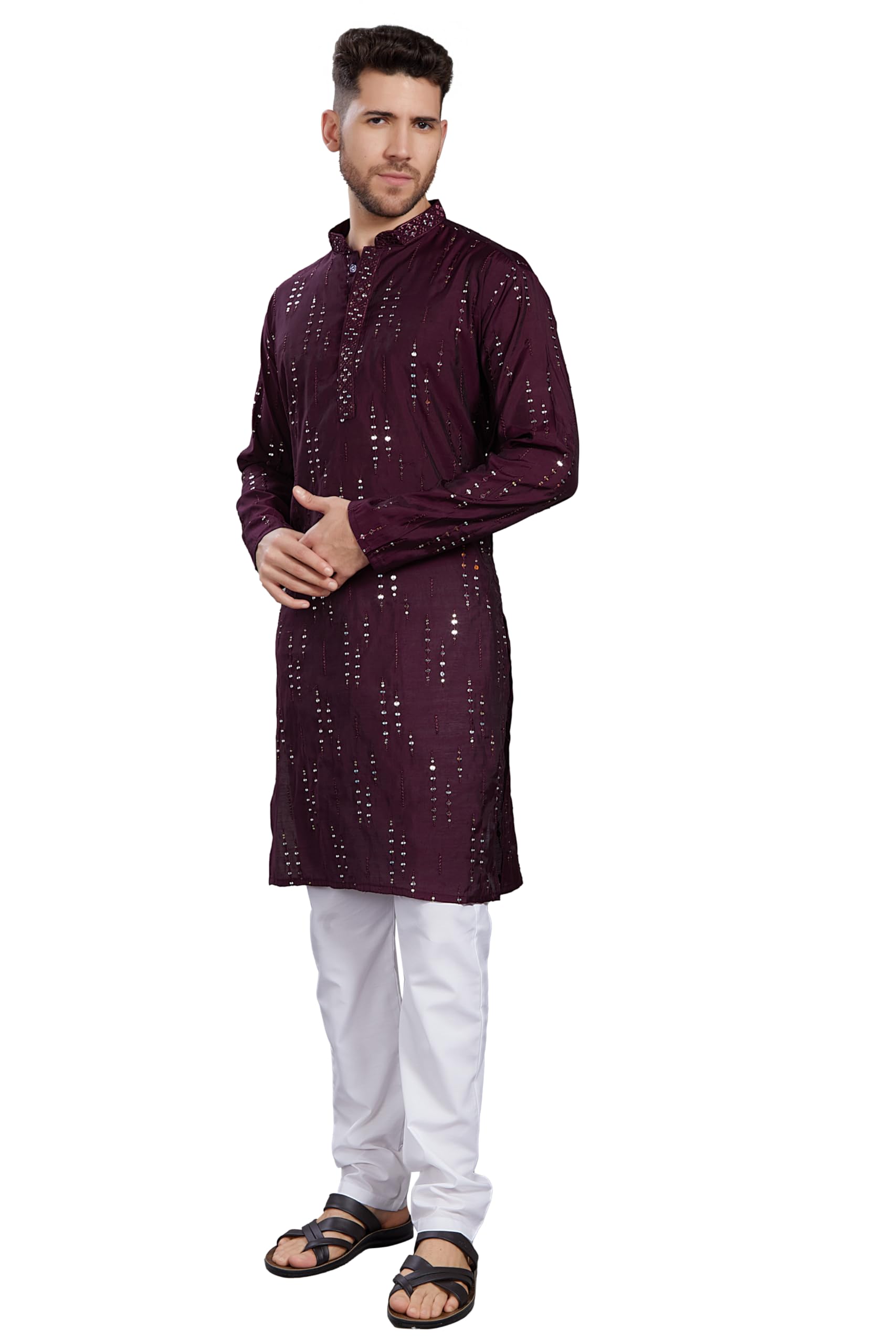 Divisive Men's Mirror Embroidered Silk Blend Only Slim Fit Kurta (Dkrt814_M_Wine)