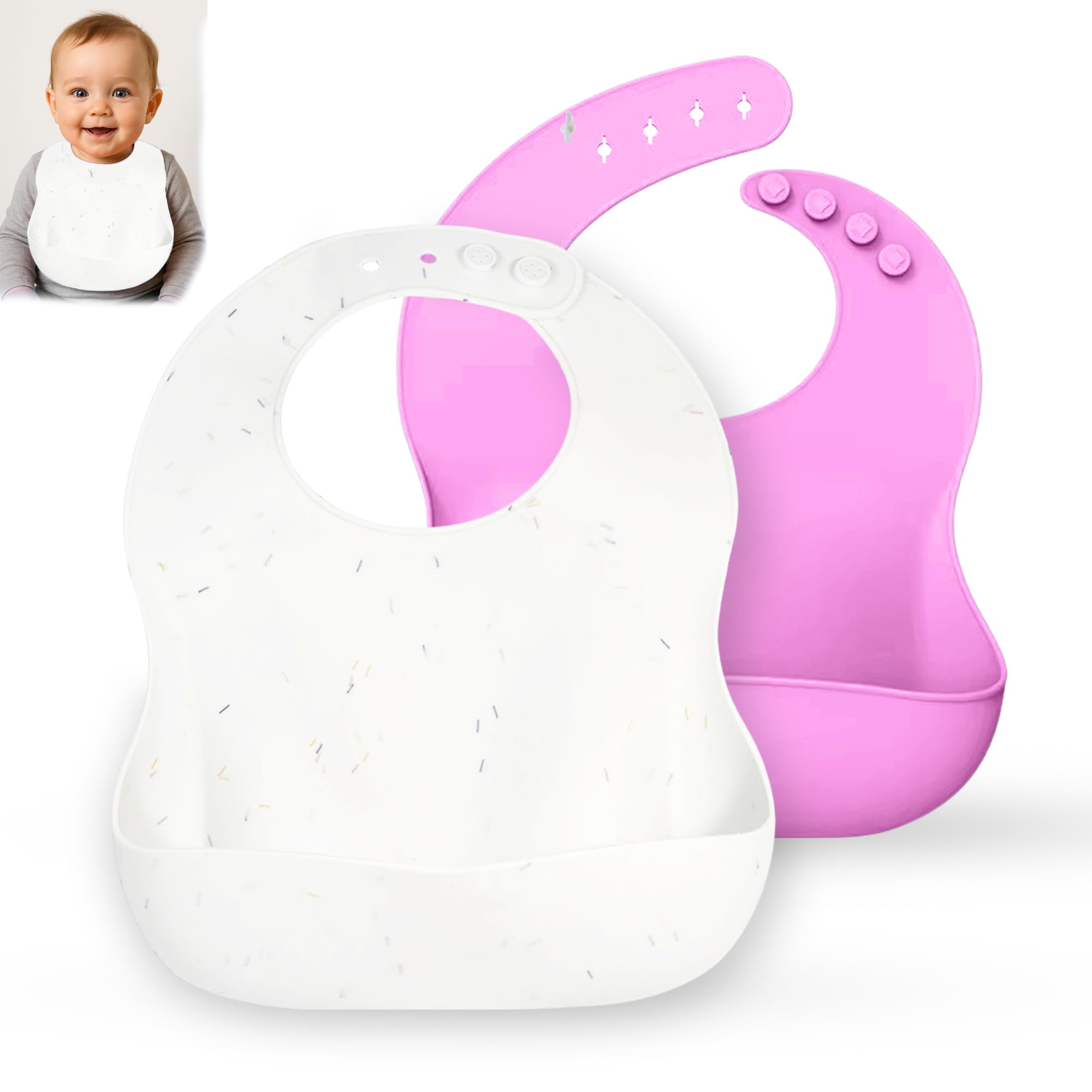 GLUN® Silicone Bib Comes with Built-in Crumb Catcher, Pack of 2 Pink & White Colour, Easily Wipes Clean Comfortable Soft Baby Bibs, Less Time Cleaning After Meals with Babies or Toddlers-image-20