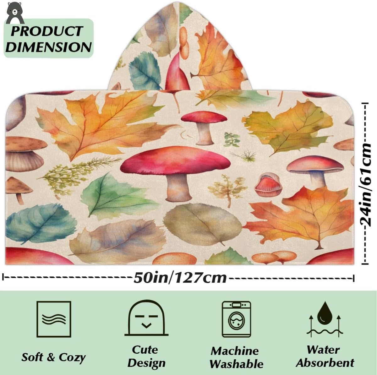 Pardick Kids Bath Towel Mushroom Maple Leaf Beach Towel with Hood Pool Cover Up for Girls Boys Soft Absorbent Hooded Bath Towel Toddler Towels for Beach, Pool