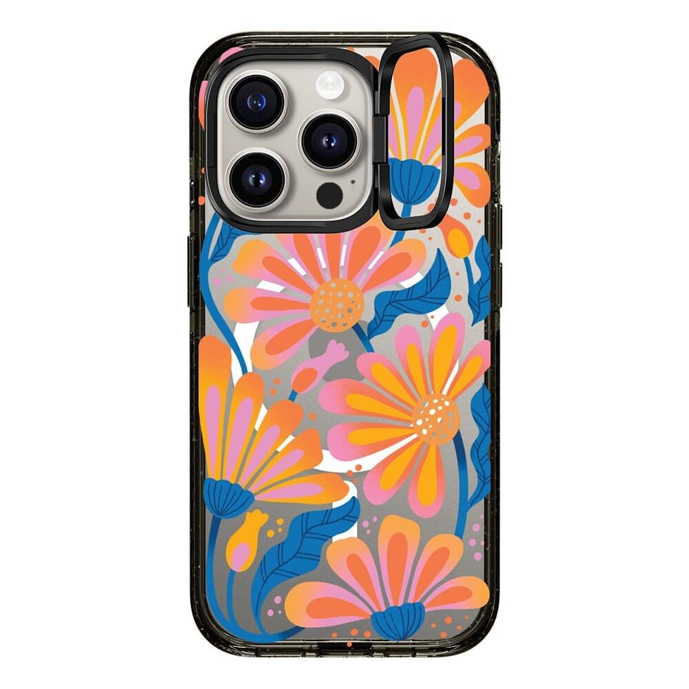 CASETiFY Impact Ring Stand Case for iPhone 15 Pro [6.6ft Drop Protection/Compatible with Magsafe] - Lazy Daisy - Clear Black