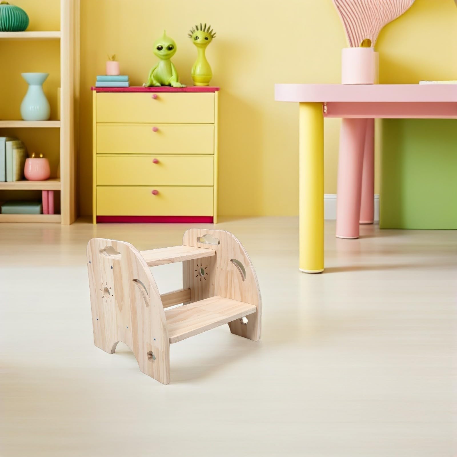 CLISPEED Holz Beige mit 2 Stufen Tritthocker und Rutschfesten Oberflächen Seitliche Griffe und Abgerundete Kanten für Badezimmer und Räume