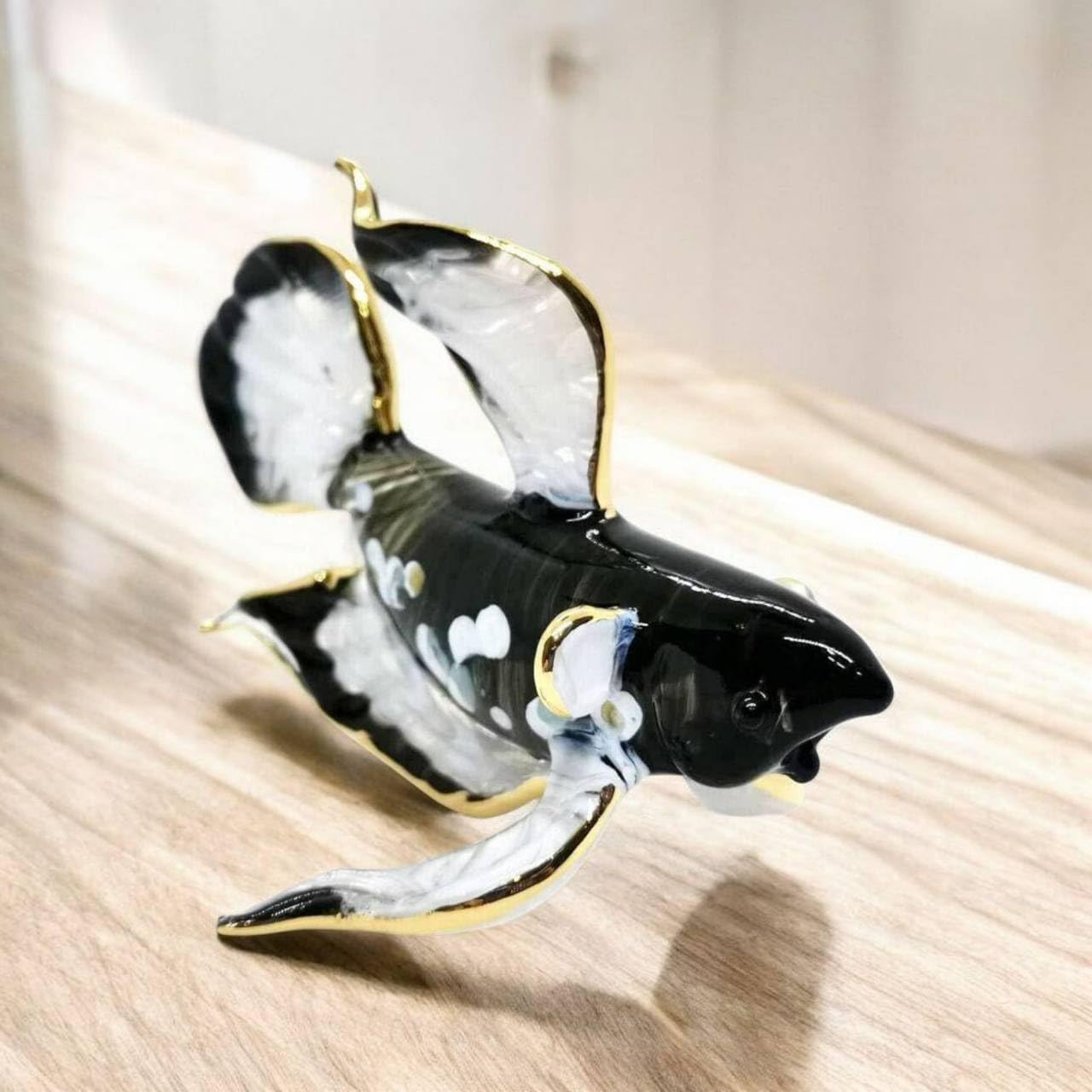 WitnyStore 4½" Black White Betta Siamese Fighting Fish Artistic Blown Glass Figurine Premium Statue Tabletop Decoration Unique Collectible for Adult Collectors Handcrafted Elegant Home Room Decor image 2