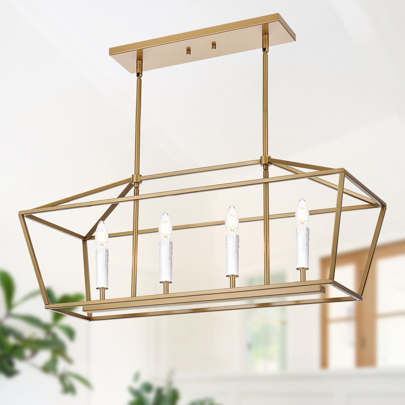 4-Light Gold Kitchen Island Lighting Over Table, Modern Lantern Cage Chandelier Pendant Light Fixture with Height Adjustable, E12 Bulb Base