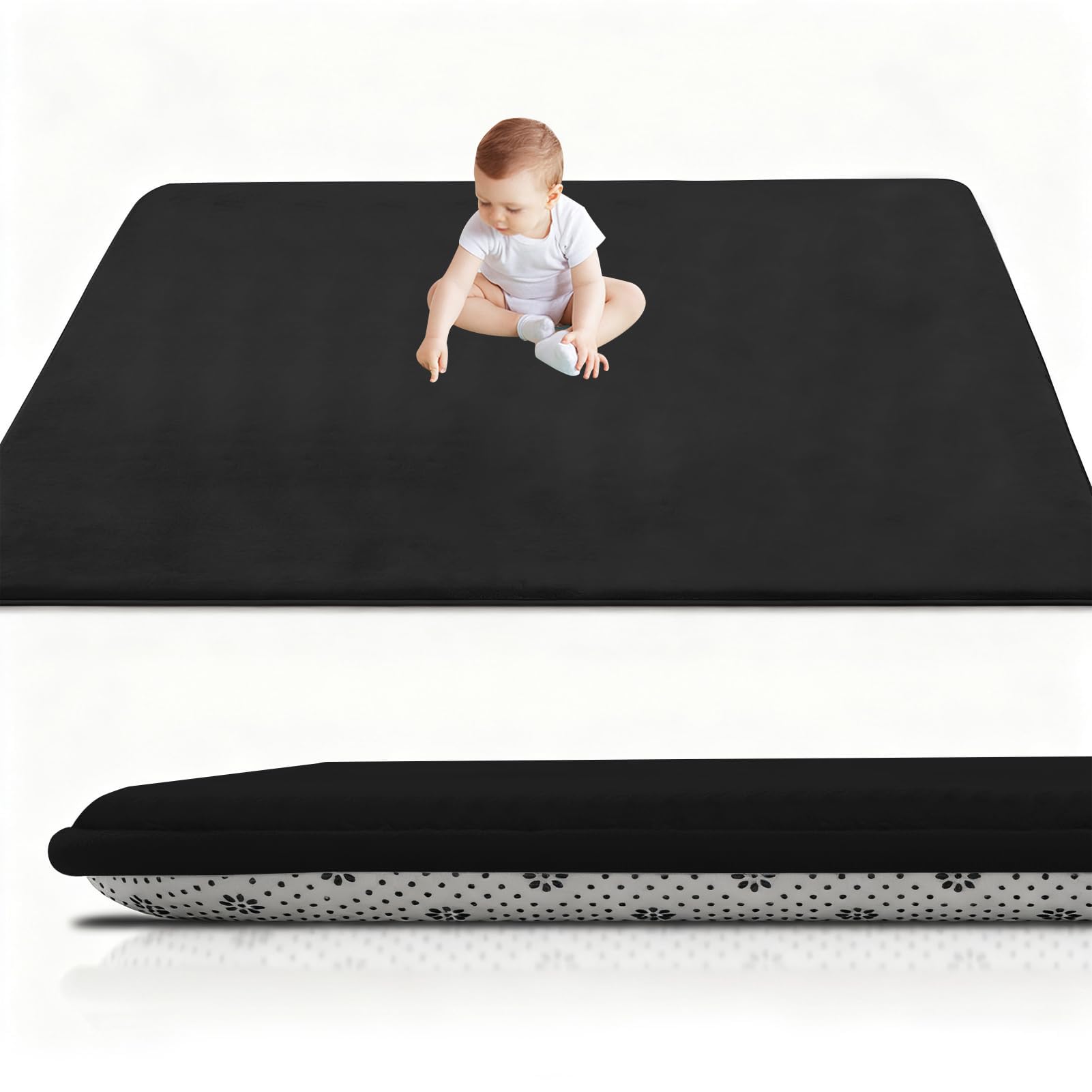 Rxuesug Black Thick Padded Baby Crawl Mat 60 X 100 Cm X 2Cm, Baby Play Mat, Foldable Kids Playmat, Large Activity Play Mat, Non-Slip, Waterproof, Playpen Mats Design For Crawling, Learning