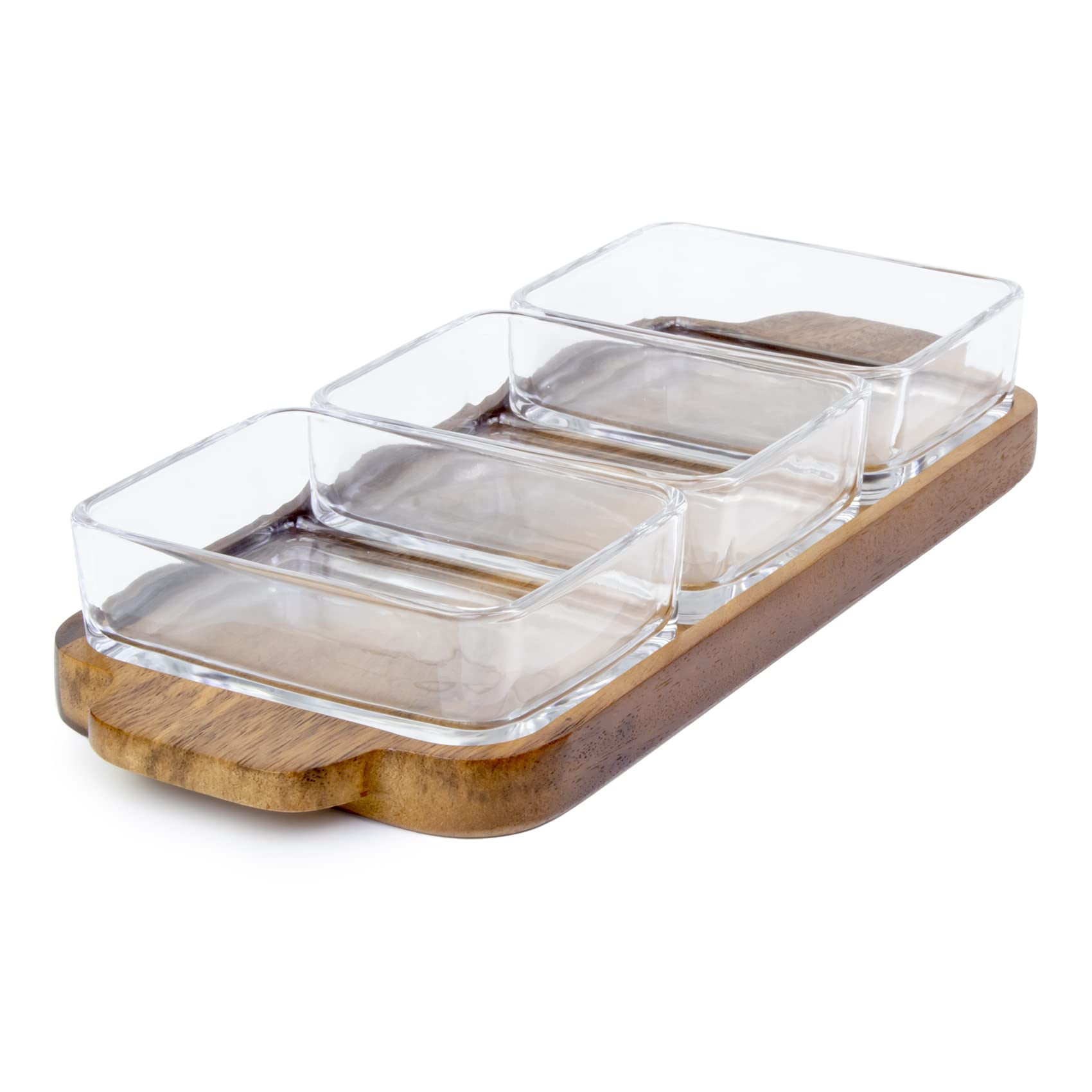 Billi Glass Bowls With Wooden Tray Fruit Condiment Appetizer Desserts Serving Snack Nut Plate 3 Bowls, Brown/Clear, ACA-525H