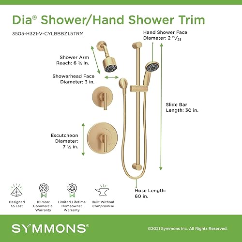 Miniatura 2 de Symmons 3505-H321-V-CYLBBBZ1.5TRM - Moldura de ducha de 2 manijas con 1 rociador de ducha de mano en bronce cepillado (válvulas no incluidas)