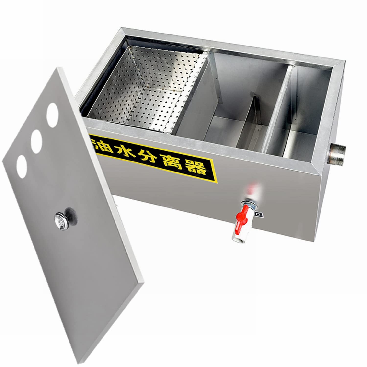 bimiti Intercepteur de graisse commercial pour évier 72 litres,En acier inoxydable,Séparateur de filtre à graisse sous évier,Avec 3 entrées supérieures pour cuisine de restaurant,60x40x30 cm