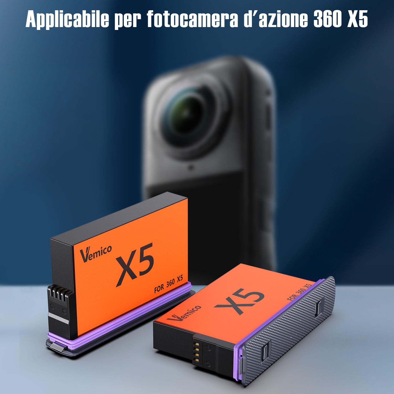 Vemico 360 X5 Caricabatteria Set 2 X 2800mAh 360 One X5 Batteria 2 canali LED X5 Caricabatteria Tipo-C Interfaccia di carica per 360 One X5 Camera(Attenzione: non impermeabile)
