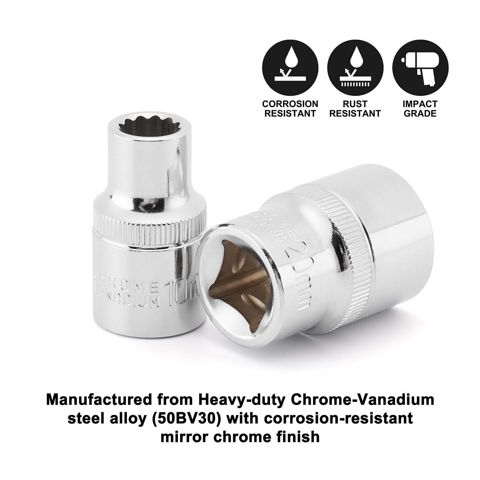 CASOMAN Set di 21 chiavi a bussola da 1/2", 8-36 mm, in acciaio CR-V, dadi a denti multipli per auto, design a 12 punti, metrico