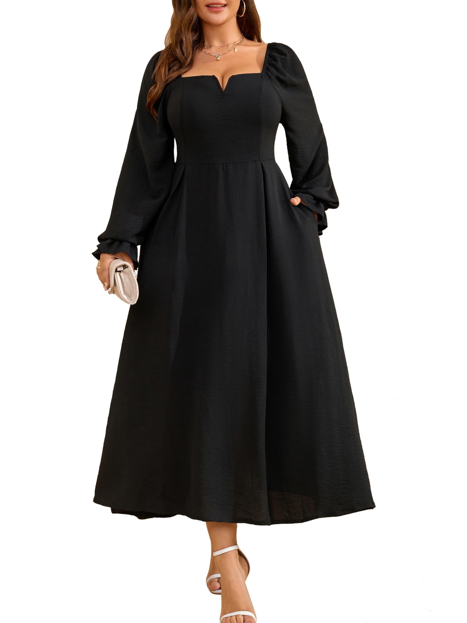 RWJ Long Sleeve Dress for Women 2025 Fall V Neck Elegant Flowy Plus Size Formal Wedding Guest Maxi