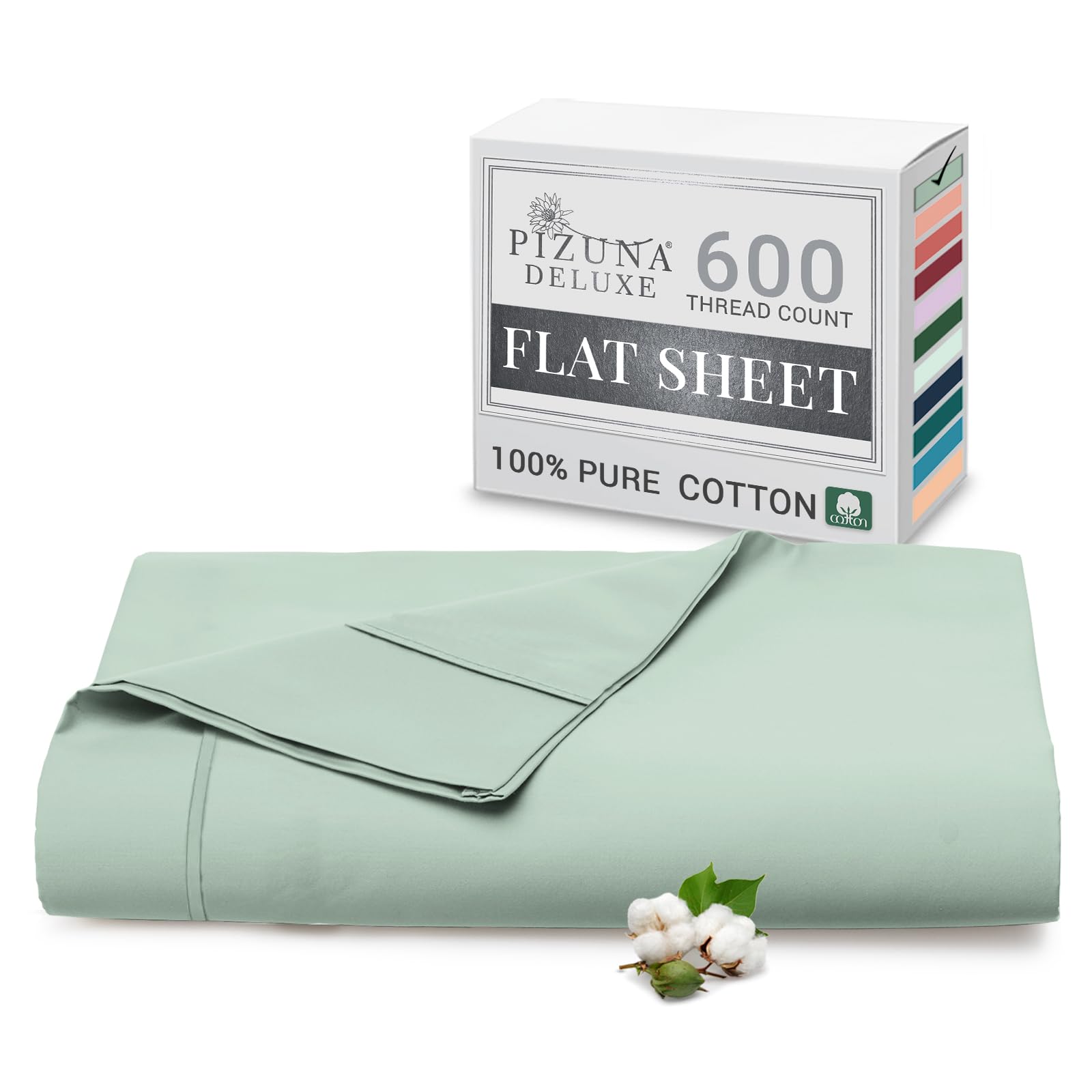 Pizuna Pure Combed Cotton Super King Flat Sheet Seafoam Sage, 600 Thread Count Long Staple Brushed Cotton Flat Sheets Super King Size, Cool Sateen Flat Sheet Superking