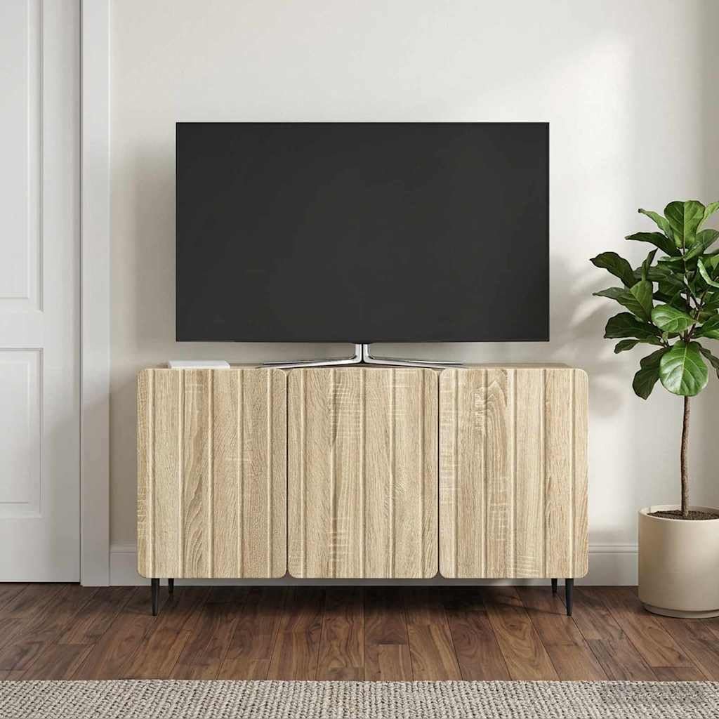 Hothingwell TV-Möbel, Holz, 99 x 34,5 x 52 cm, Sonoma-Eiche | Modernes rechteckiges Design, 90° drehbare Türen, robuste Stahlbeine, einfache Reinigung mit feuchtem Tuch