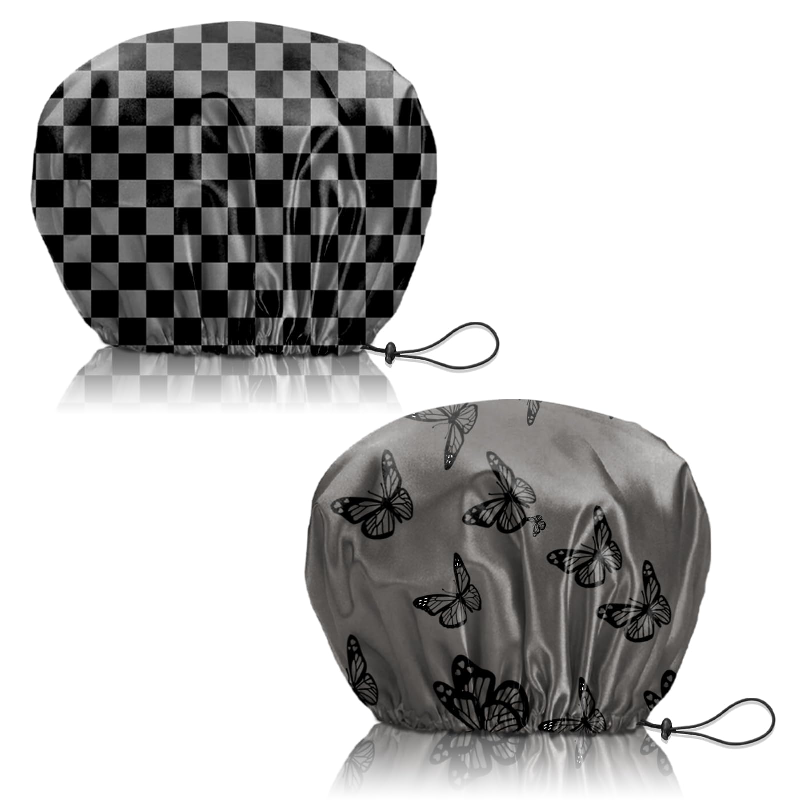 Deokke Duschhaube, 2 Stück wasserdichte Doppelschicht wiederverwendbar shower cap, verstellbar, elastisch, ästhetisch, niedlich Duschhaube für Damen (Q3-Schwarzer Schmetterling)