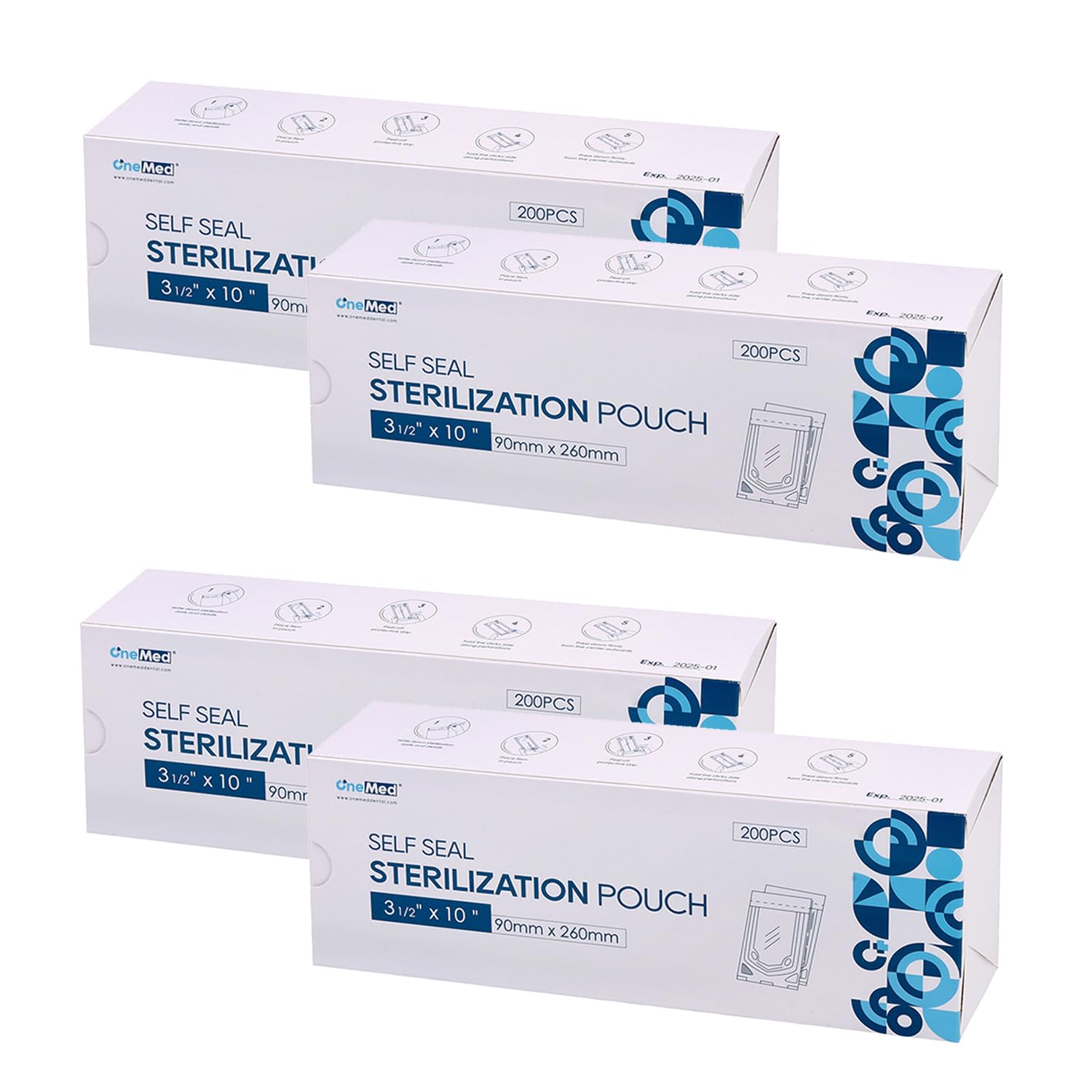 800 sacchetti per sterilizzazione dentale autosigillanti, 8,9 x 25,4 cm, 200/scatola, 4 scatole