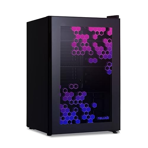 NewAir Beverage Fridge 85 Cans, LED Color Changing Door, Prismatic Series Beverage Refrigerator with RGB HexaColor LED Lights, Mini Fridge for Gaming, Game Room, Party Festive Holiday Fridge - Black - 85 can