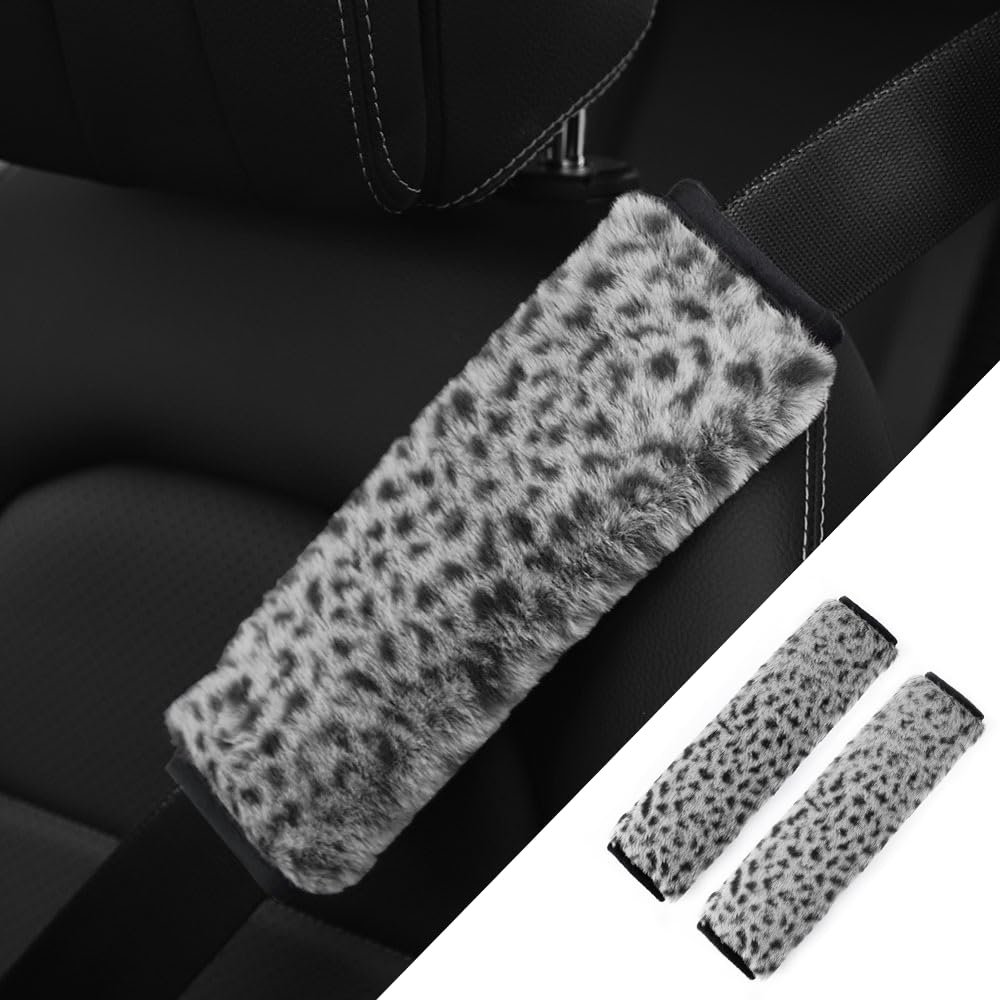 2PCS Soft Fluffy Car Seatbelt Covers - Winter Car Essentials Seat Belt Shoulder Pad Full of Wild Leopard Prints - Universal Seat Belt Cover Pad for Shoulder Protections & Car Decorations (Gray)
