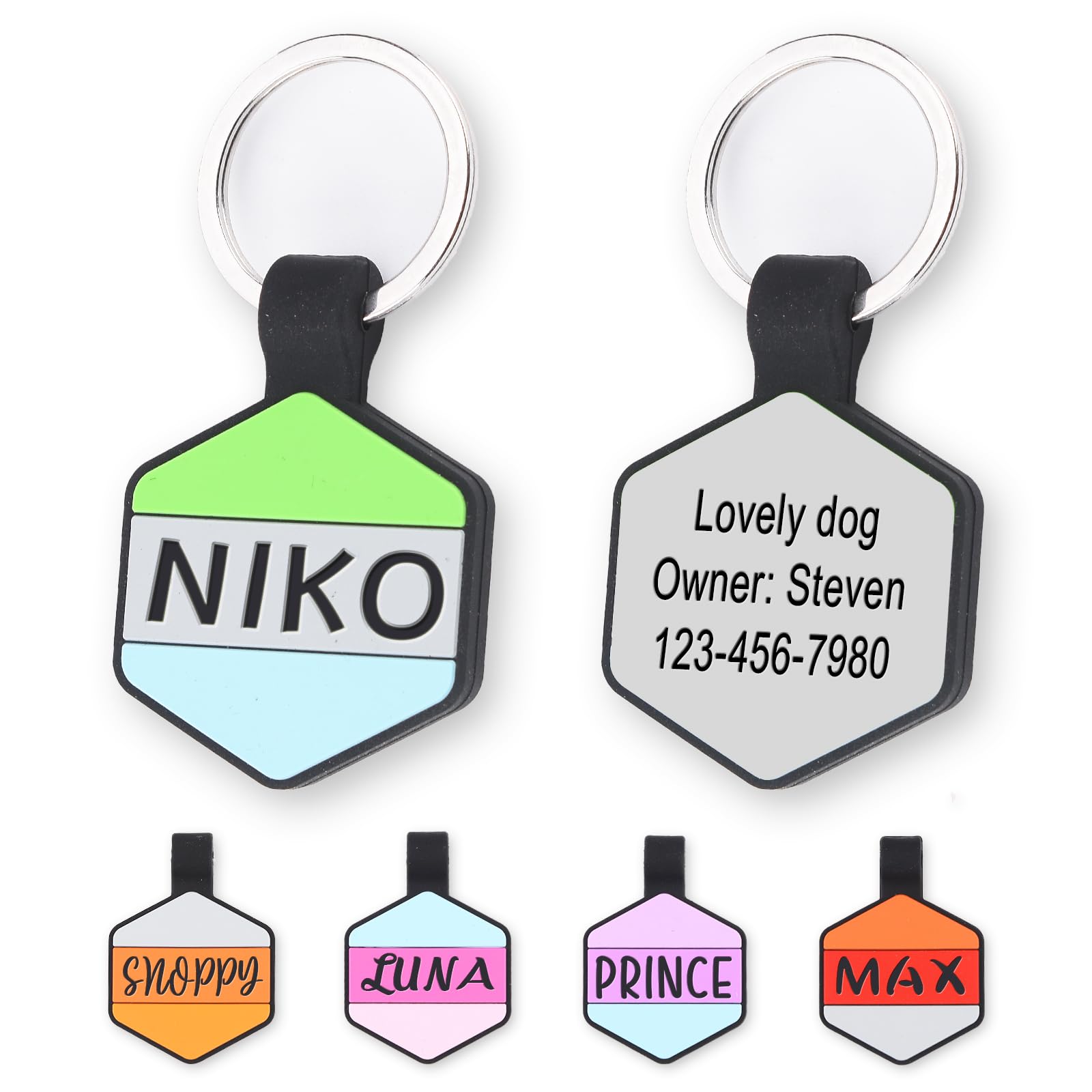 GIVEUBED Personalized Engraved Silicone Dog Tags, Custom Pet ID Tags for Cats and Dogs, Engraved Silent Name Phone Address Tag, Clear Without Noise