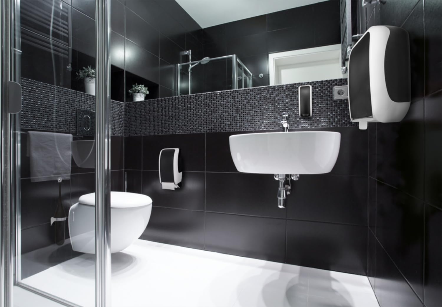 Damenhygiene-Abfallbehälter B3 Schwarz | Selbstschließender Deckel, Wand- & Bodenmontage, Elevation Design, platzsparend