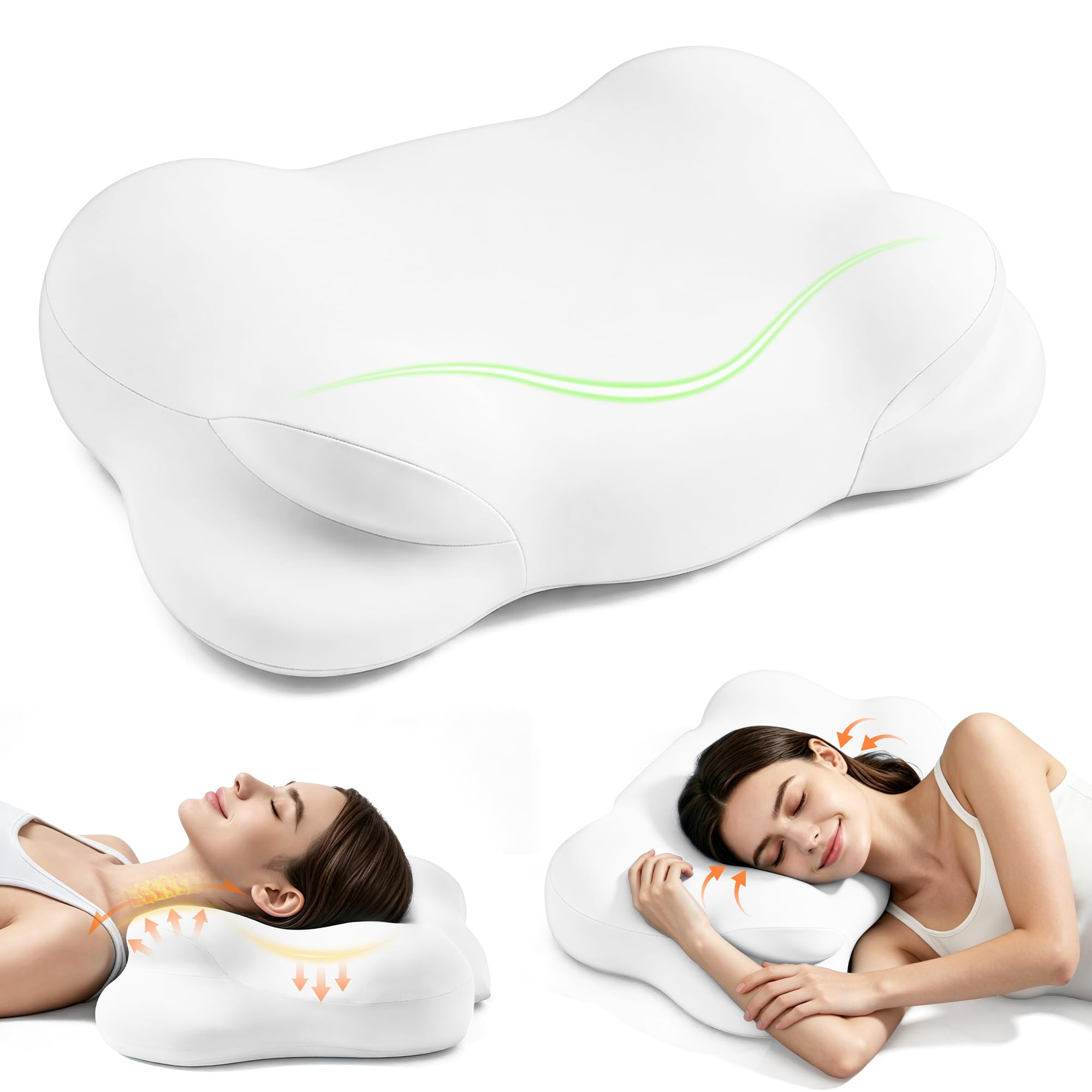 Melow Sleep Pillow, Memory Cloud Pillow, Ergonomic Pillows for Neck Pain Relief with Breathable Pillowcase, 3 Sleep Zones, 2 Types of Neck Support, Suitable for Back/Side/Stomach Sleeping.