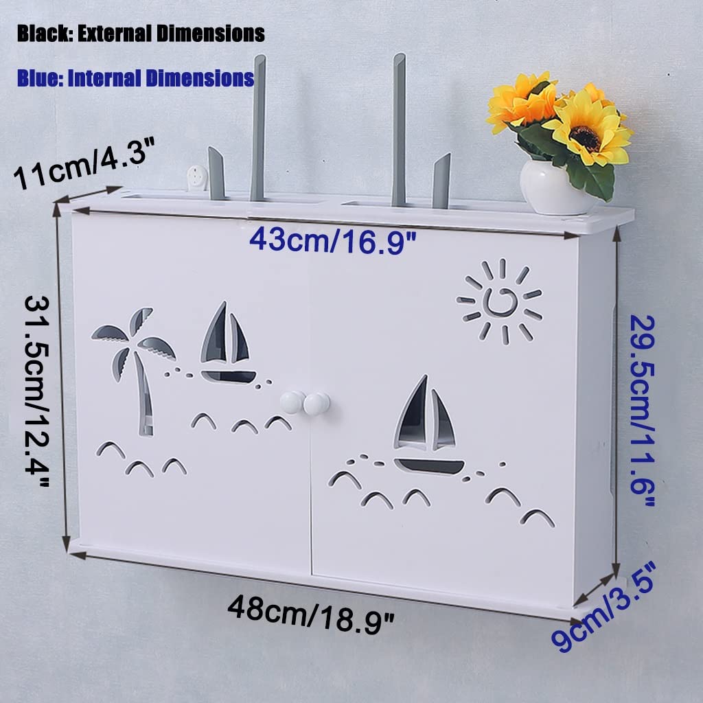 Generico Mensola portaoggetti da Parete Bianca per Router WiFi, Scatola portacavi in Legno, Supporto per Cavi di Alimentazione, 48x11x31,5 cm - Elegante Arredamento per la casa e salvaspazio