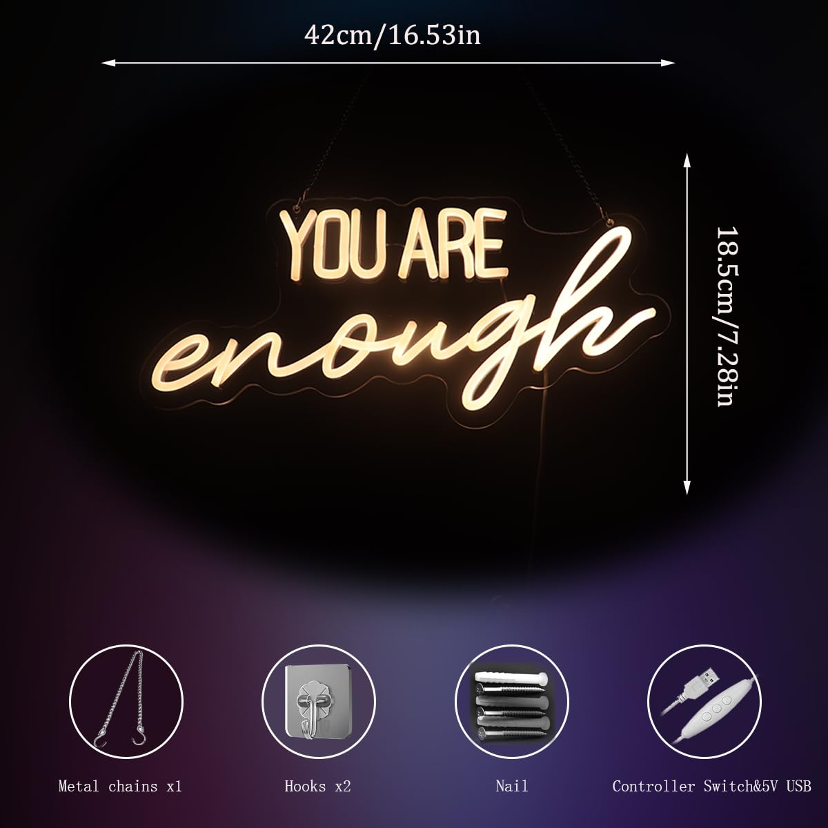 You Are Enough Neon Sign Word/Letters USB Powered with Dimmer Switch Neon Lights for Room Home Bar Art Wall Decor Party Window Living Room Decor Wall Hanging Decoration (warm white) - Image 3