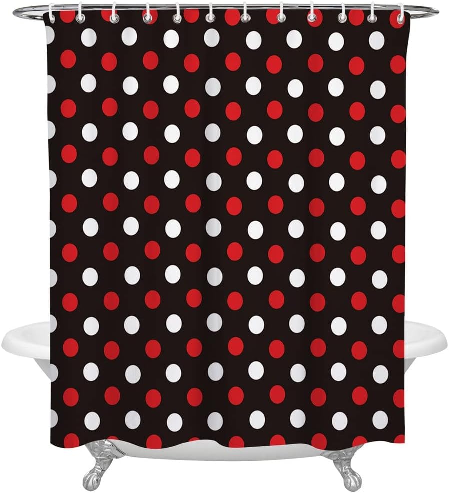 Waterproof Shower Curtains Black Background Red White Dots Curtain Frabic Polyester Bathroom Decor(122x183cm)