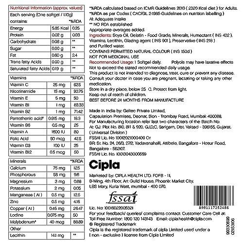 Image of Cipla Maxirich Daily Multivitamin (30 Softgels) For Men & Women With Essential Nutrients, Vitamins, Minerals, Anti-oxidants For Building Immunity & Energy (3)