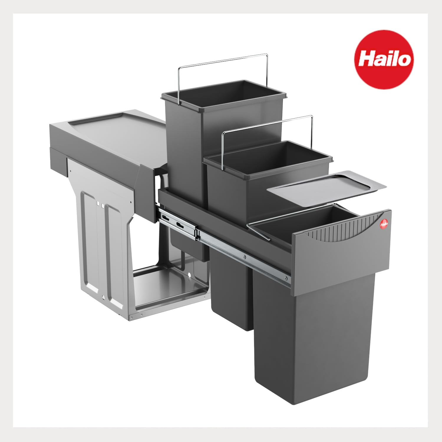 Hailo Abfallsammler Tandem 3666132 | für Schränke ab 300 mm Breite | Einbau Mülleimer 3x 10L mit Biodeckel | Vollauszug auf Teleskopschienen | Anthrazit
