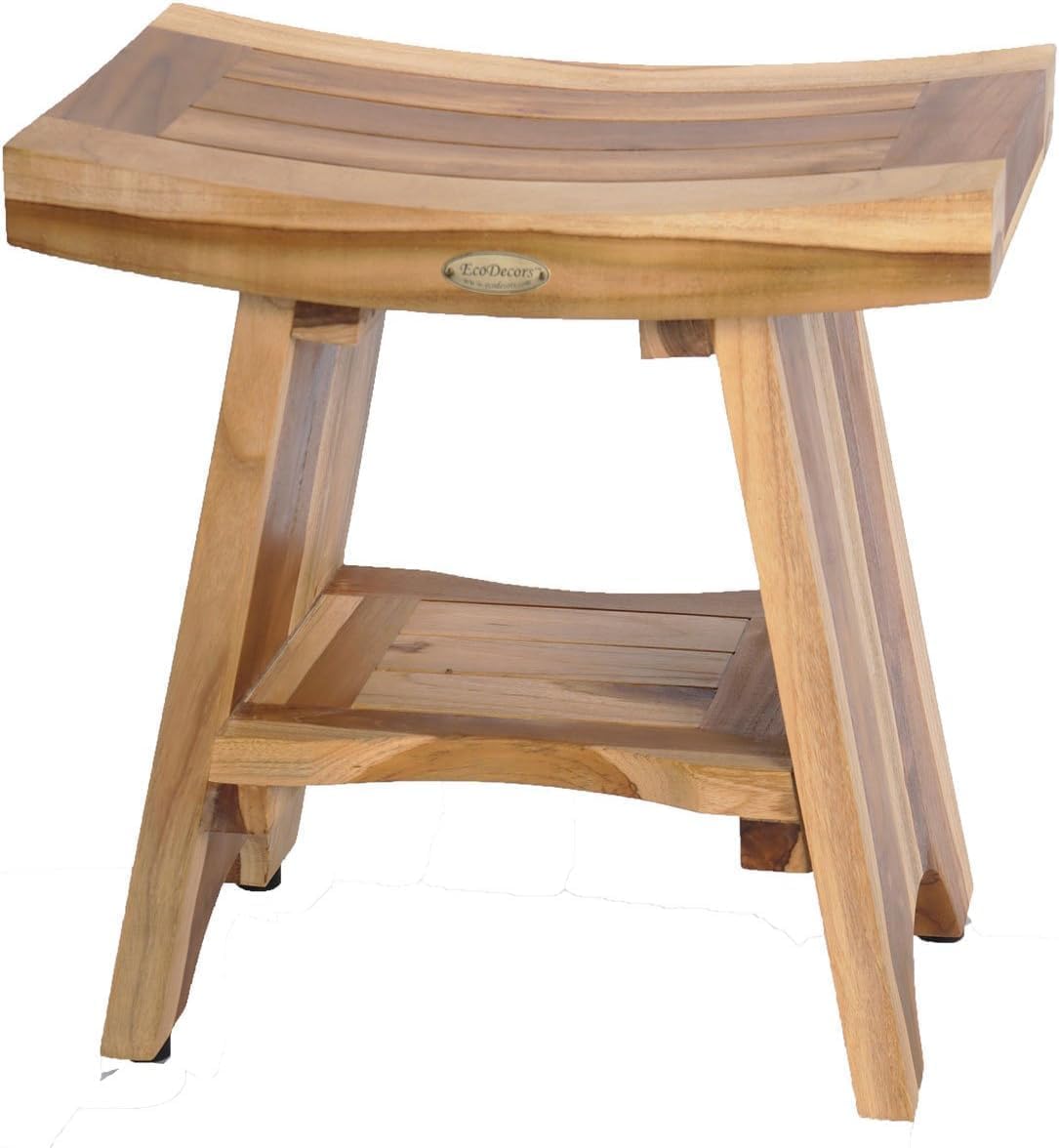 EcoDecors Teak Shower Bench 18", 300 lb Capacity – Waterproof Wood Bath Seat with Shelf, Spa Seating for Adults – Compact Fit for Small Bathrooms & Walk-in Showers – Slip-Resistant Feet