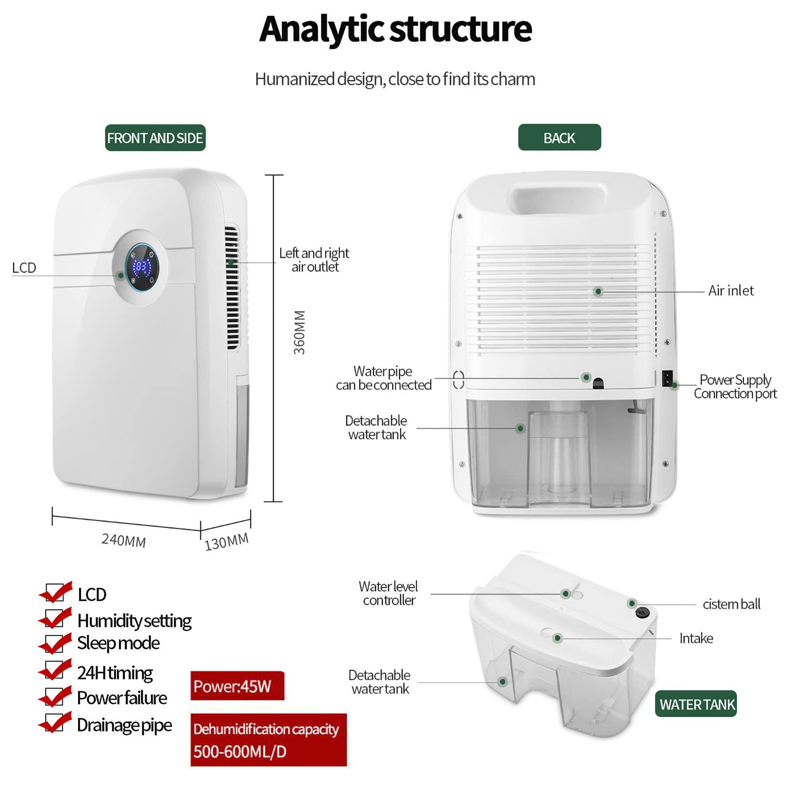 Osuszacz powietrza do domu - przenośny elektryczny mini osuszacz, 2500 ml do sypialni, łazienki, kuchni, garażu, piwnicy