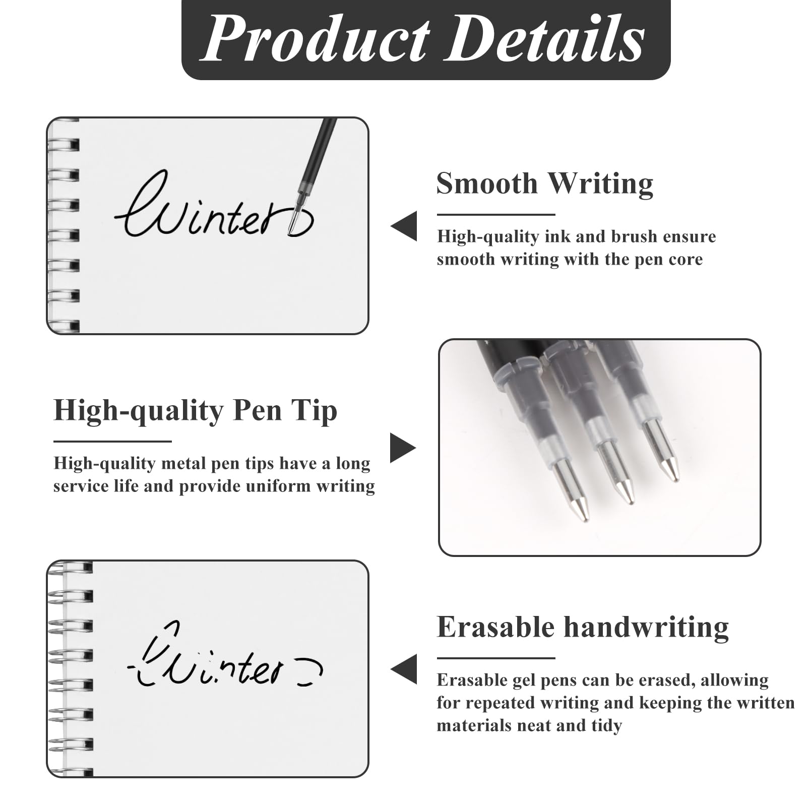 Recambios de tinta de gel borrable de 0.7 mm compatibles con Frixion Friction, escritura suave, multicolor, retráctil, punta fina, repuesto para escuela, oficina, arte en casa (negro, 40)