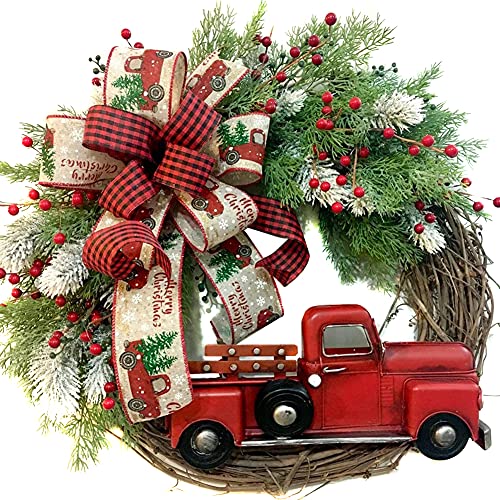 Uposao Red Truck Christmas Wreath for Front Door Decor Rustic Natural Rattan Wreath with Buffalo Plaid Bowknot and Red Berry
